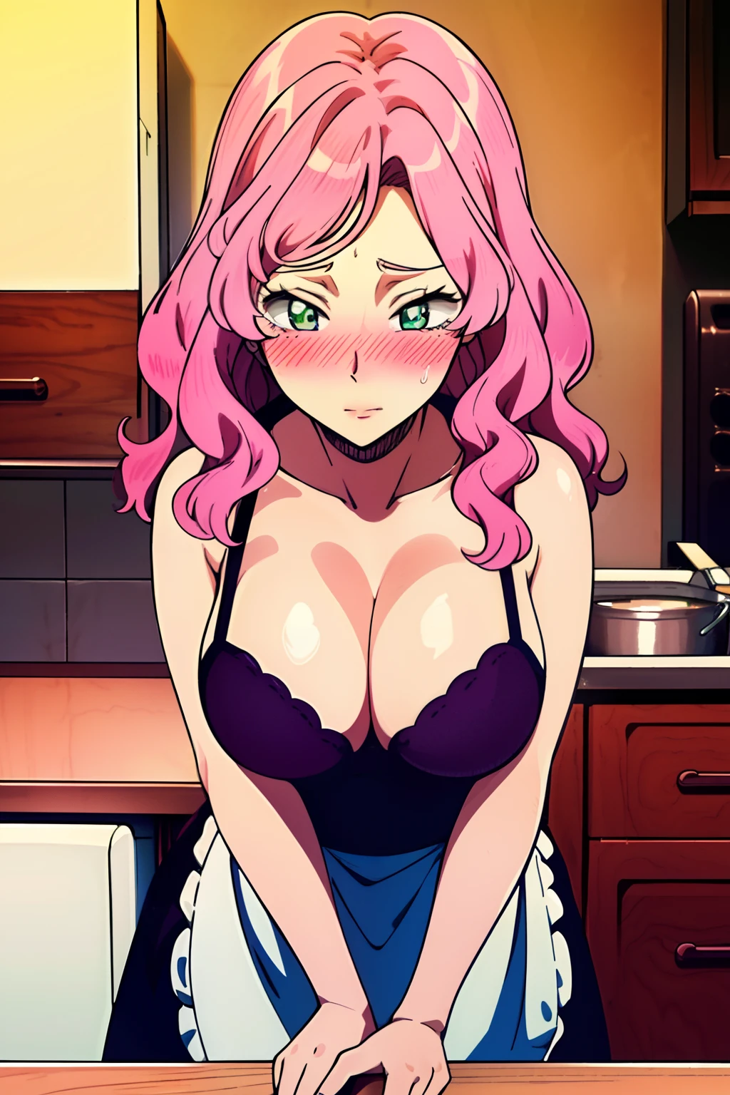 Mommy Masterpiece, maid costume, long pink hair , green detailed sparkling eyes , embarrassed , blushing
(Best quality:1.3),big breasts, naked, apron, cleavage, (pov, close shot), standing, kitchen background, blushing:1.2.