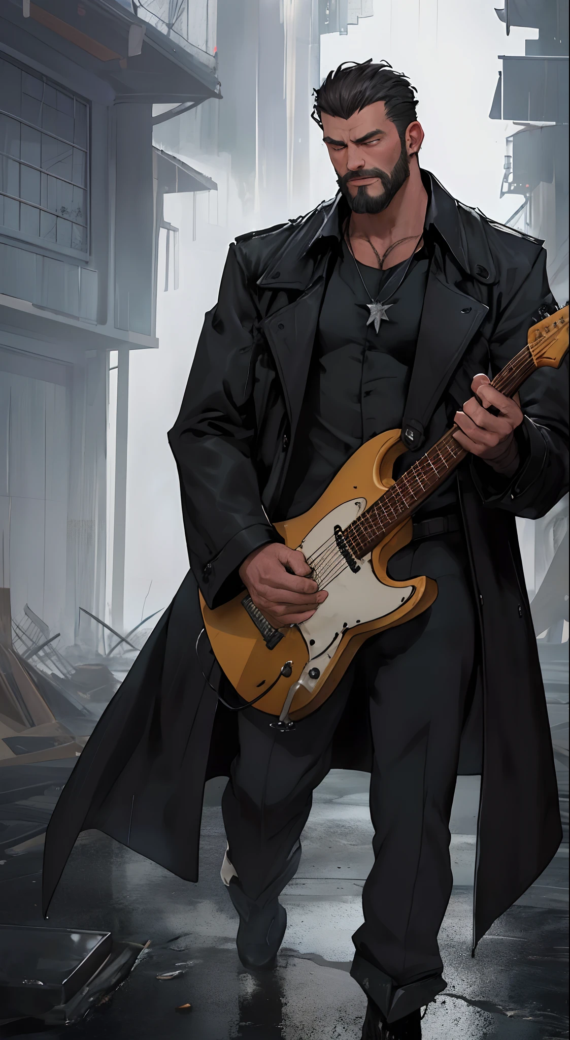 There is a man playing the electric guitar on room of ruin, it rains and smoky, midnight blue neon fog, broken glass flame, bonfire of drums are there, he gets wet on the rain, droplets, gigachad muscles, wearing a shoulder-padded black trench coat, wearing black dress shirt as inner, muscular men , male art, Eric Clapton, Commission for high resolution, Very heavy vignette!!!,hard ,Nothing is worn, slight laugh,veiny muscles,,shaggy lumpy body,Silver Plate Tag Necklace,Dad with extreme muscle mass,Black little long shaved side hair,Cropped beard face, little laugh, Around 50 years old,tanned brown skin,ultra-detailliert,High quality,Realistic and smooth skin texture,Photorealistic Dandy Guy,Light and shadow