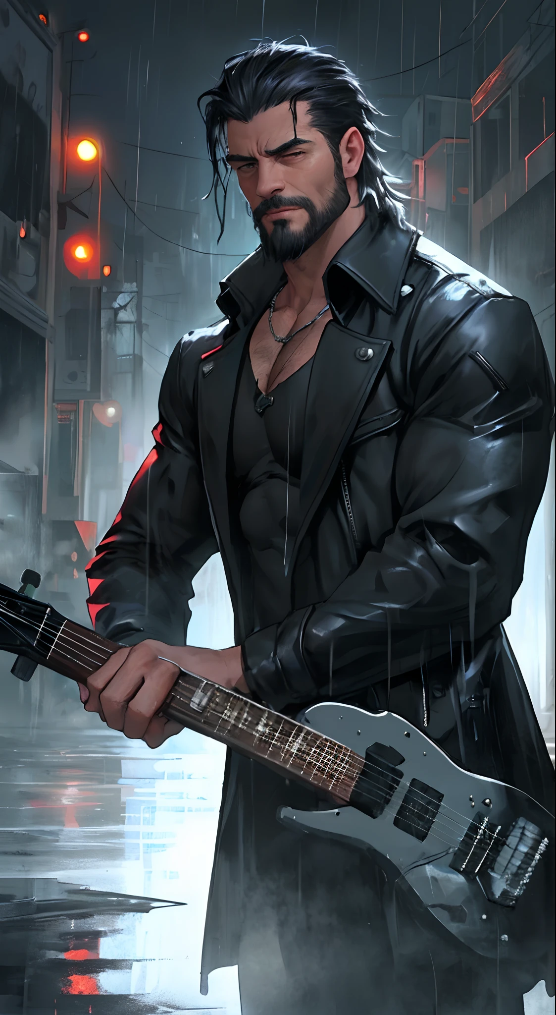 There is a man playing the electric guitar on room of ruin, it rains and smoky, midnight blue neon fog, broken glass flame, bonfire of drums are there, he gets wet on the rain, droplets, gigachad muscles, wearing a shoulder-padded black trench coat, wearing black dress shirt as inner, muscular men , male art, Eric Clapton, Commission for high resolution, Very heavy vignette!!!,hard ,Nothing is worn, slight laugh,veiny muscles,,shaggy lumpy body,Silver Plate Tag Necklace,Dad with extreme muscle mass,Black little long shaved side hair,Cropped beard face, little laugh, Around 50 years old,tanned brown skin,ultra-detailliert,High quality,Realistic and smooth skin texture,Photorealistic Dandy Guy,Light and shadow