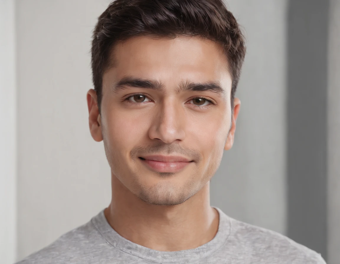 ((South American Latino)), (Latino man), (photo: 1.3) af (photorealism: 1.3), frontal close-up, soft light, clear face, happy, cheerful, warm light, white T-shirt, (grey and white background), (blank background), (gray wall background) avatar, (short hair), smile, short hair, smile, (close-up)