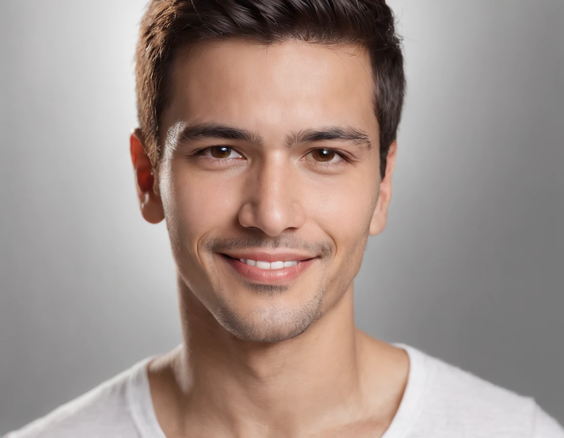((South American Latino)), (Latino man), (photo: 1.3) af (photorealism: 1.3), frontal close-up, soft light, clear face, happy, cheerful, warm light, white T-shirt, (grey and white background), (blank background), (gray wall background) avatar, (short hair), smile, short hair, smile, (close-up)