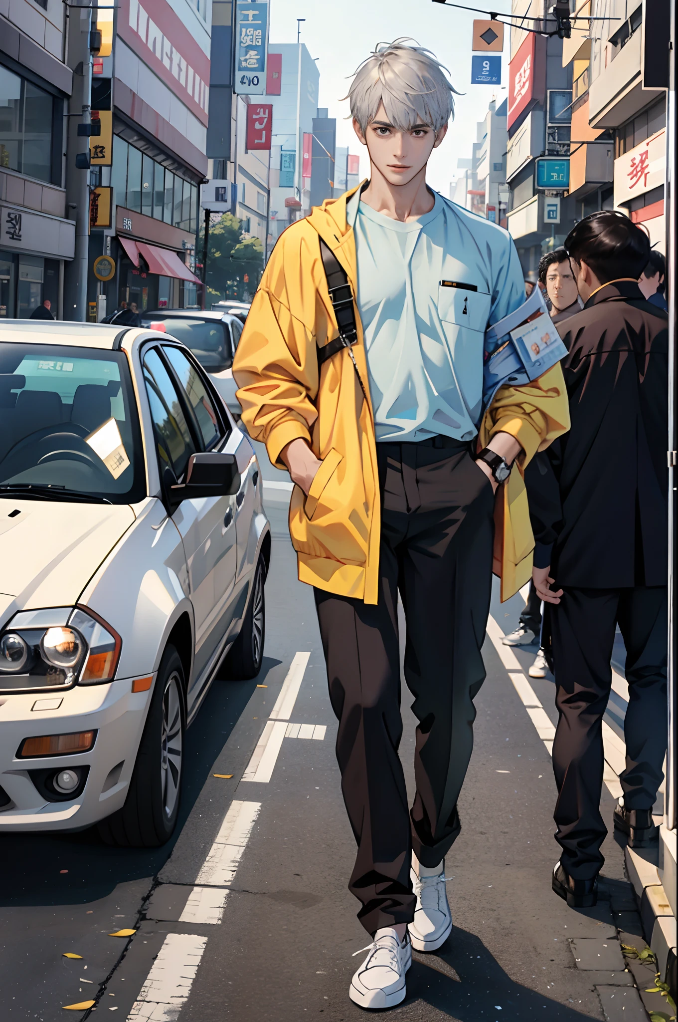 （tmasterpiece，超高分辨率，16k UHD，high qulity），low tune，commute，ads，tvp，standing on your feet，looking at viewert，tmasterpiece，pretty, Strong, In the university's cafeteria，sitted，（Ultra-short gray hair），Black eyes，Turn to the back，ssmile，Seoul，（small heads），Precise anatomy，sports club, Precise hand structure，light colored costume，Jacket, espadrilles, Casual Fashion, Pocket, wristwatch, Unity 16K wallpaper，concept-art，One guy，8K eyes，（（（Mature male））），（short detailed hair），Work pants，（photorealiscic face：1.8），broad shoulder，slips，（full bodyesbian：1.6），Male 24，