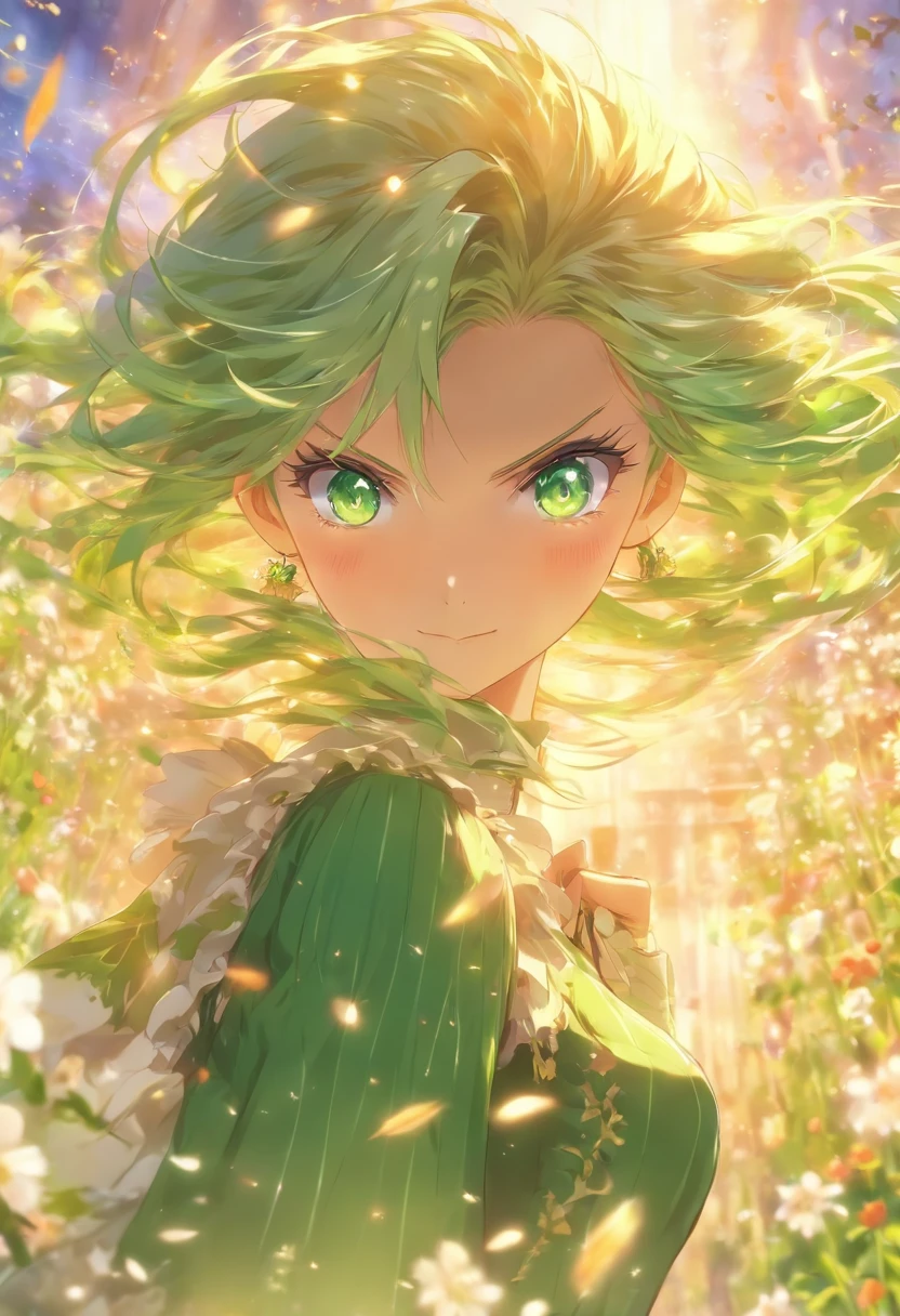 Flowering meadow,garden,Anime girl wearing skirt in flower field, Loli girl in a dress, Official anime artwork, Violet Evergarden,Green hair, Emerald hair,green long hair,Elf Princess, Emerald eyes,the elf,anime visual of a cute girl, beautiful teenage girl, cute anime waifu in a nice dress, anime key visual of elegant, offcial art, Long haired green hair anime girl, Kushatt Krenz Key Art Women