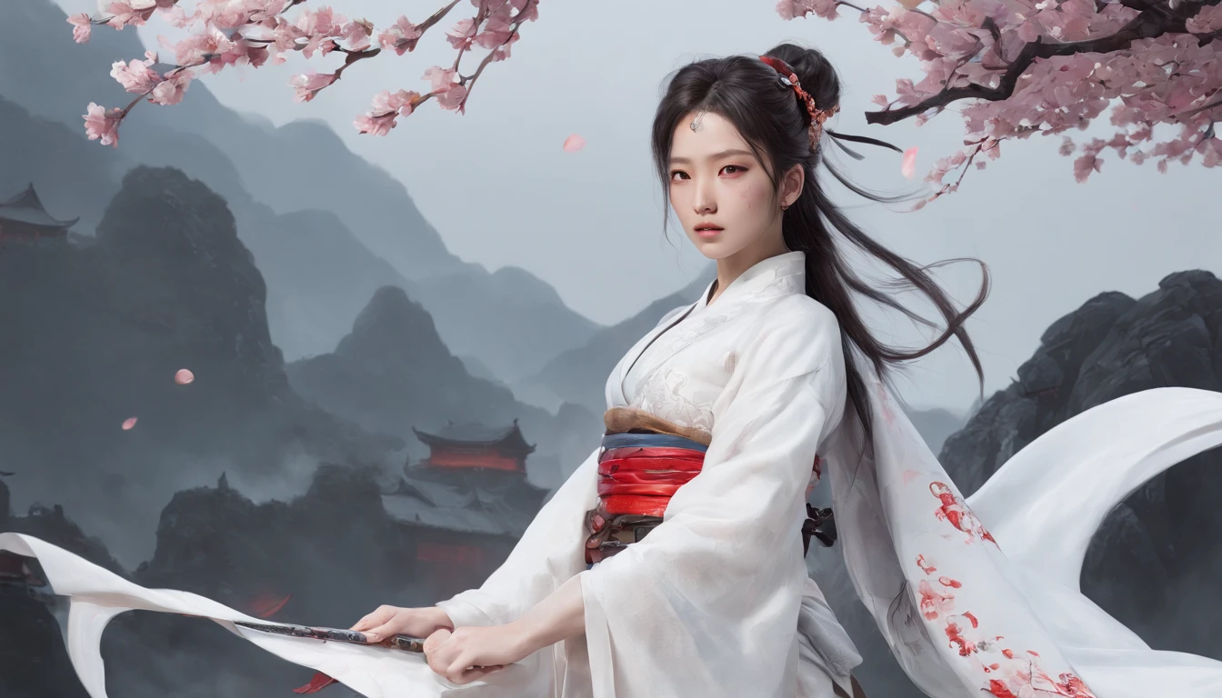 Luna Freya Knox Frey，动态照明，art  stations，poster for，Volumetriclighting，Very detailed faces，4k wallpapers，He has a delicate and beautiful face，long hair flowing，horse tailed，Fringed Hair Ornament，Dynamic perspective，White Hanfu，White gauze flying，red waistband，Sexy，Tradition Chinese Ink Painting，Surrounded by clouds，cherry blossom，fog atmosphere，Ride a white dragon，White dragon horn，dynamic viewing angle，电影灯光