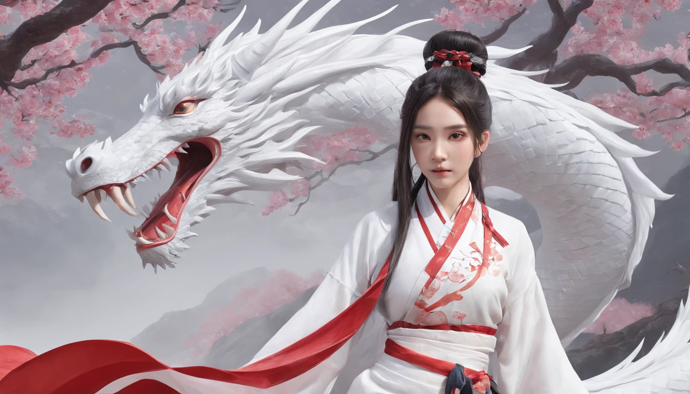 Luna Freya Knox Frey，动态照明，art  stations，poster for，Volumetriclighting，Very detailed faces，4k wallpapers，He has a delicate and beautiful face，long hair flowing，horse tailed，Fringed Hair Ornament，Dynamic perspective，White Hanfu，White gauze flying，red waistband，Sexy，Tradition Chinese Ink Painting，Surrounded by clouds，cherry blossom，fog atmosphere，Ride a white dragon，White dragon horn，dynamic viewing angle，电影灯光
