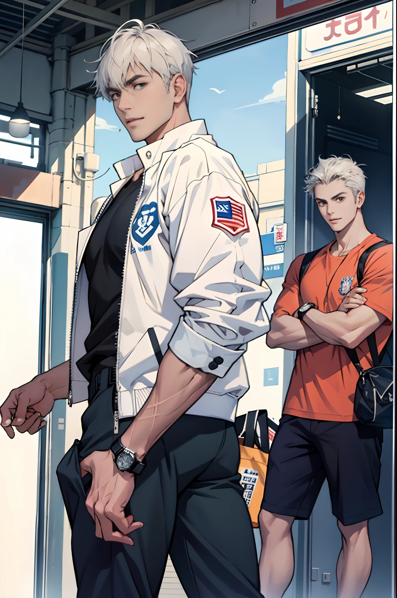 (tmasterpiece,超高分辨率,16k UHD,high qulity),low tune,commute,ads,tvp,standing on your feet,looking at viewert,tmasterpiece,pretty, Strong, In the university's cafeteria,sitted,(Ultra-short gray hair),Black eyes,Turn to the back,ssmile,Seoul,(small heads),Precise anatomy,sports club, Precise hand structure,light colored costume,Jacket, espadrilles, Casual Fashion, Pocket, wristwatch, Unity 16K wallpaper,concept-art,One guy,8K eyes,(((Mature male))),(short detailed hair),Work pants,(photorealiscic face:1.8),broad shoulder,slips,(full bodyesbian:1.6),Male 24,
