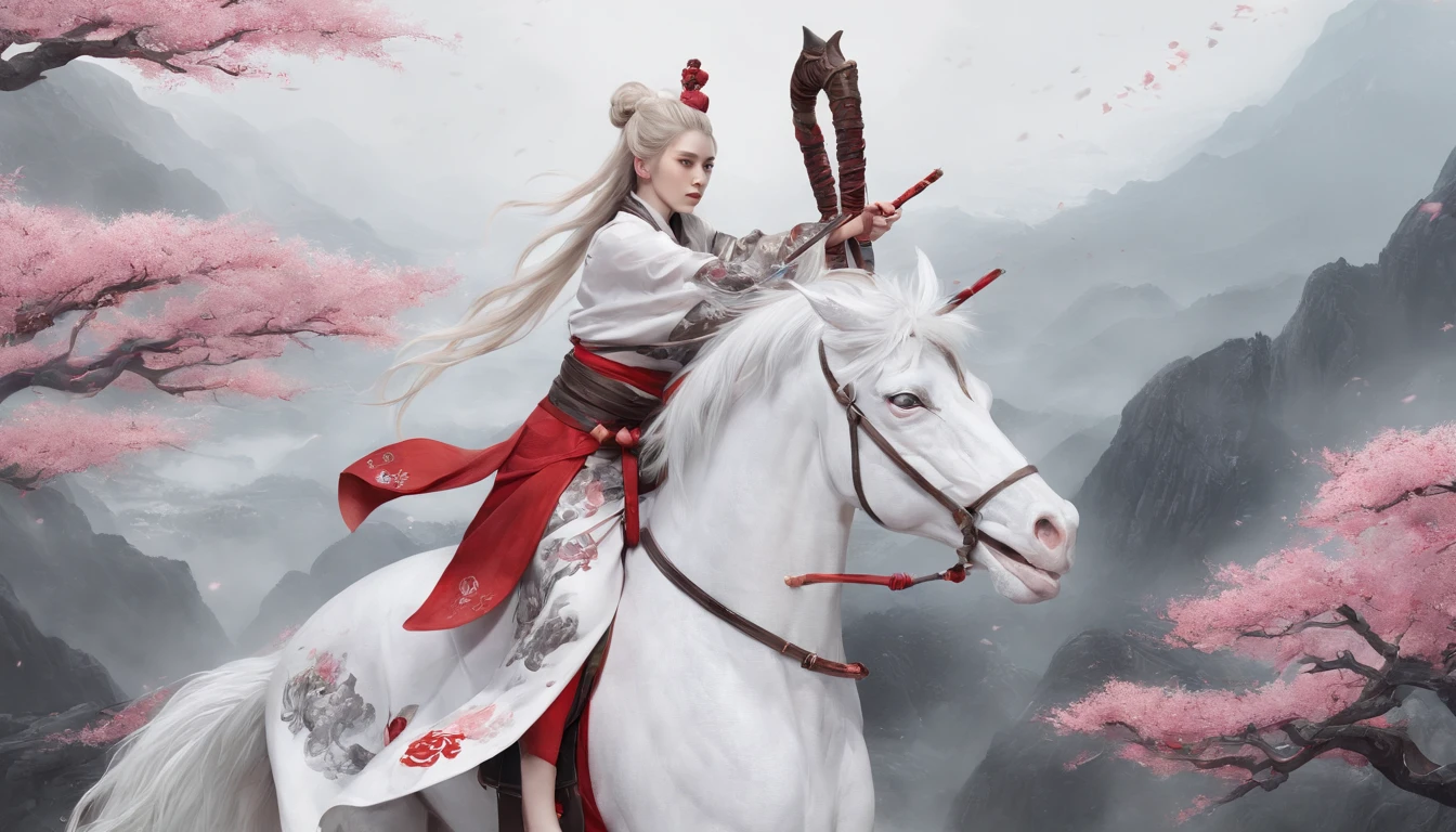 Luna Freya Knox Frey,动态照明,art stations,poster for,Volumetriclighting,Very detailed faces,4k wallpapers,He has a delicate and beautiful face,long hair flowing,horse tailed,Fringed Hair Ornament,Dynamic perspective,White Hanfu,White gauze flying,red waistband,Sexy,Tradition Chinese Ink Painting,Surrounded by clouds,cherry blossom,fog atmosphere,Ride a white dragon,White dragon horn,dynamic viewing angle,电影灯光