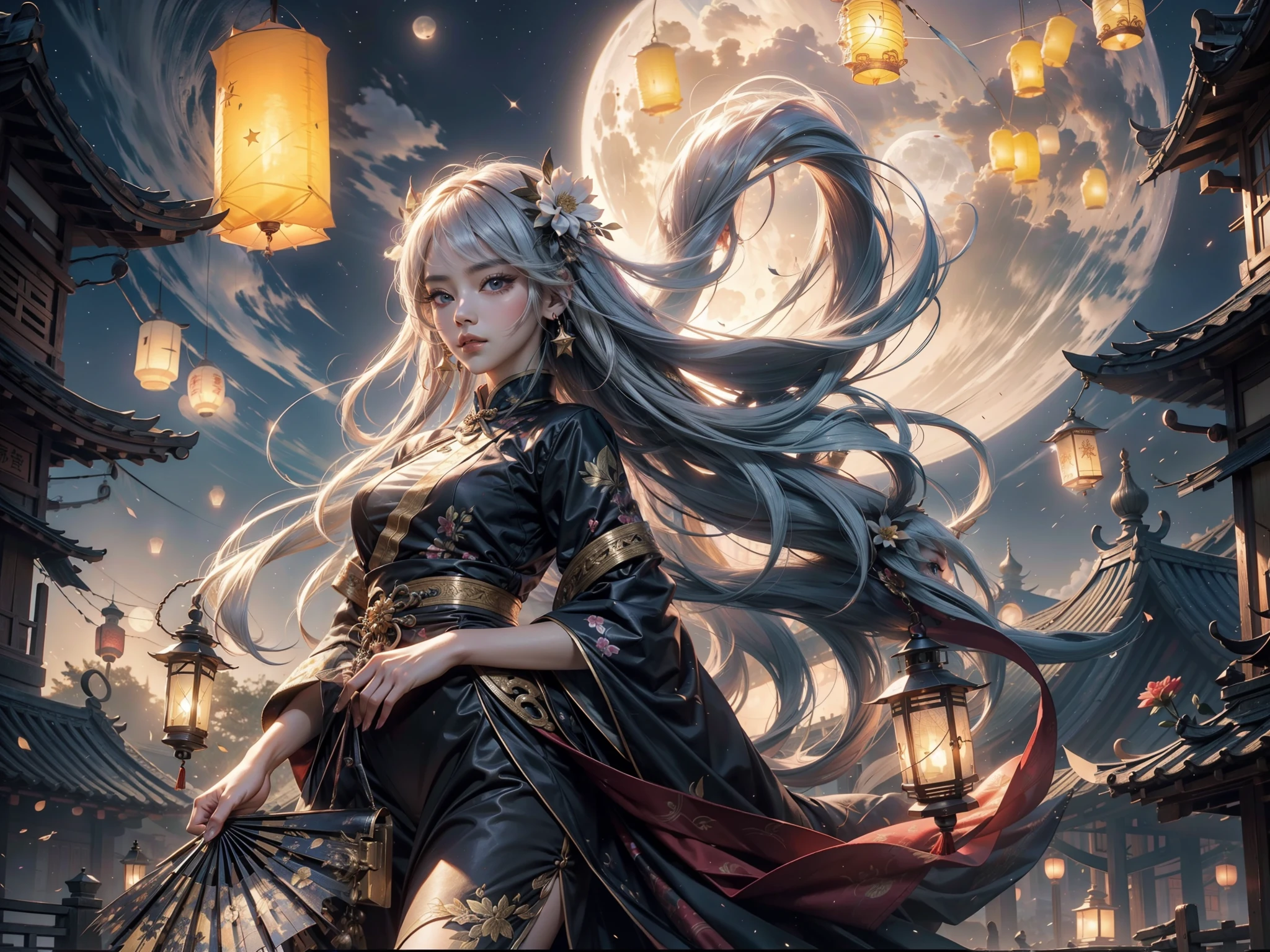 (max resolution: 1.2), (Ultra HDTV: 1.2), 8K resolution, Eye and skin details, face details, , (Sharp focus: 1.2), (Precise focus) face sharp face: 1.2), Standing girl, Flower lantern, Mid-Autumn Festival, Chinese historical costumes, (long hair), White hair, Starry sky, Full moon, Lantern flying in the sky, Flying lantern, Hand holding fan