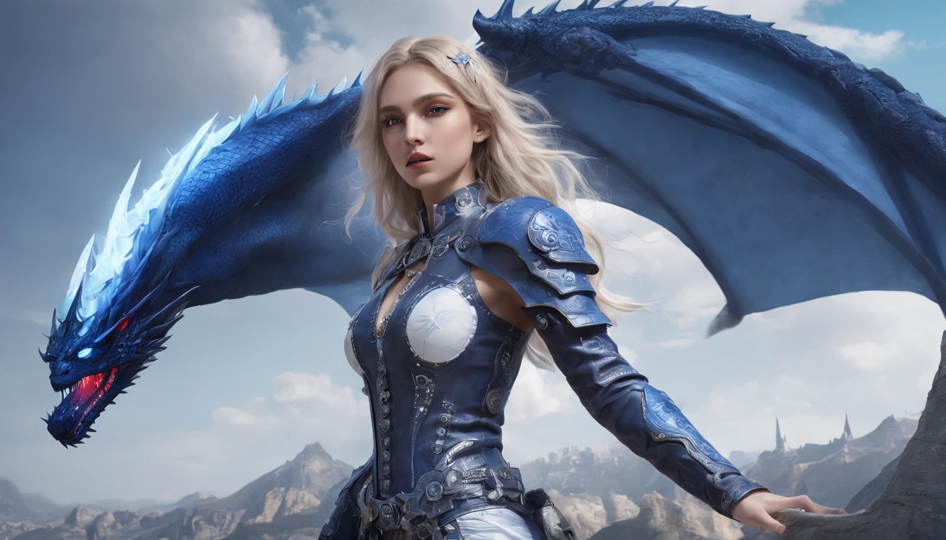 Luna Freya Knox Frey,Highest image quality,Outstanding details,超高分辨率,(Fidelity:1.4), Favor the details,closeup cleavage,Ride a dragon,High-tech dragon knight mech,He has a delicate and beautiful face,((Blue-white flying semi-mechanical fuselage:1.8)),Raised sexy,frontage,Cidade futuristica,Snow,themoon,mechanically aesthetic,Virtual Engine 5,Perfect detail rendering,rendering by octane,hyper HD