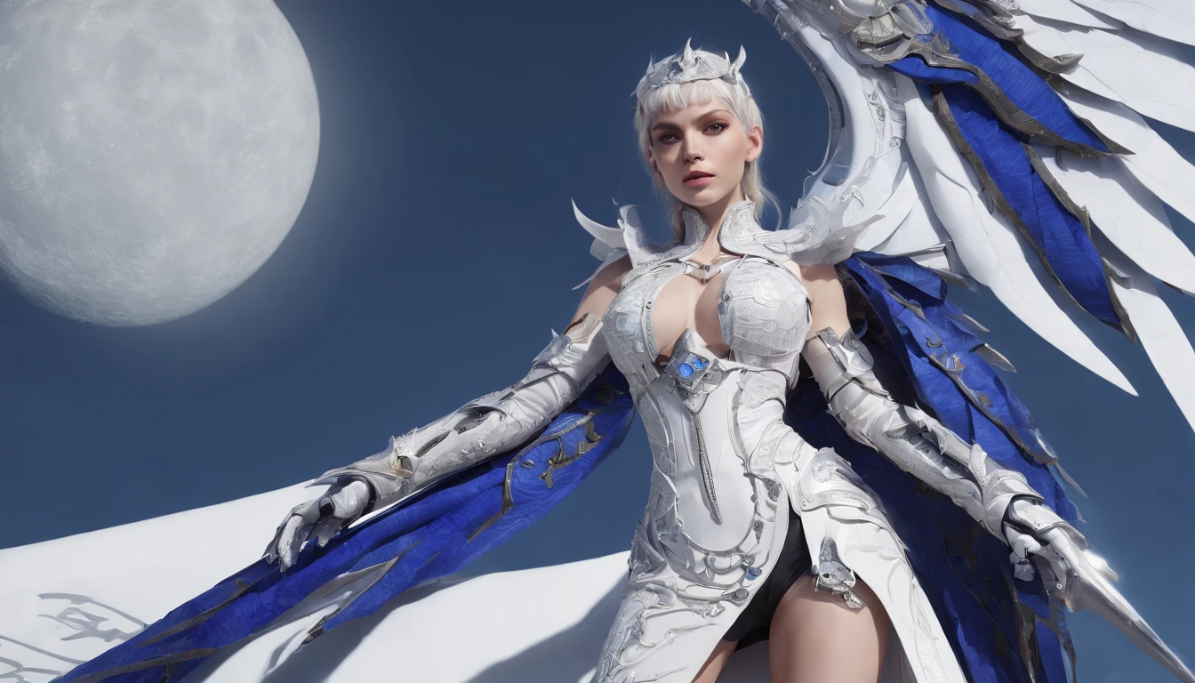 Luna Freya Knox Frey，Highest image quality，Outstanding details，超高分辨率，（Fidelity：1.4）, Favor the details，closeup cleavage，Ride a dragon，High-tech dragon knight mech，He has a delicate and beautiful face，（（Blue-white flying semi-mechanical fuselage：1.8）），Raised sexy，frontage，Cidade futuristica，Snow，themoon，mechanically aesthetic，Virtual Engine 5，Perfect detail rendering，rendering by octane，hyper HD