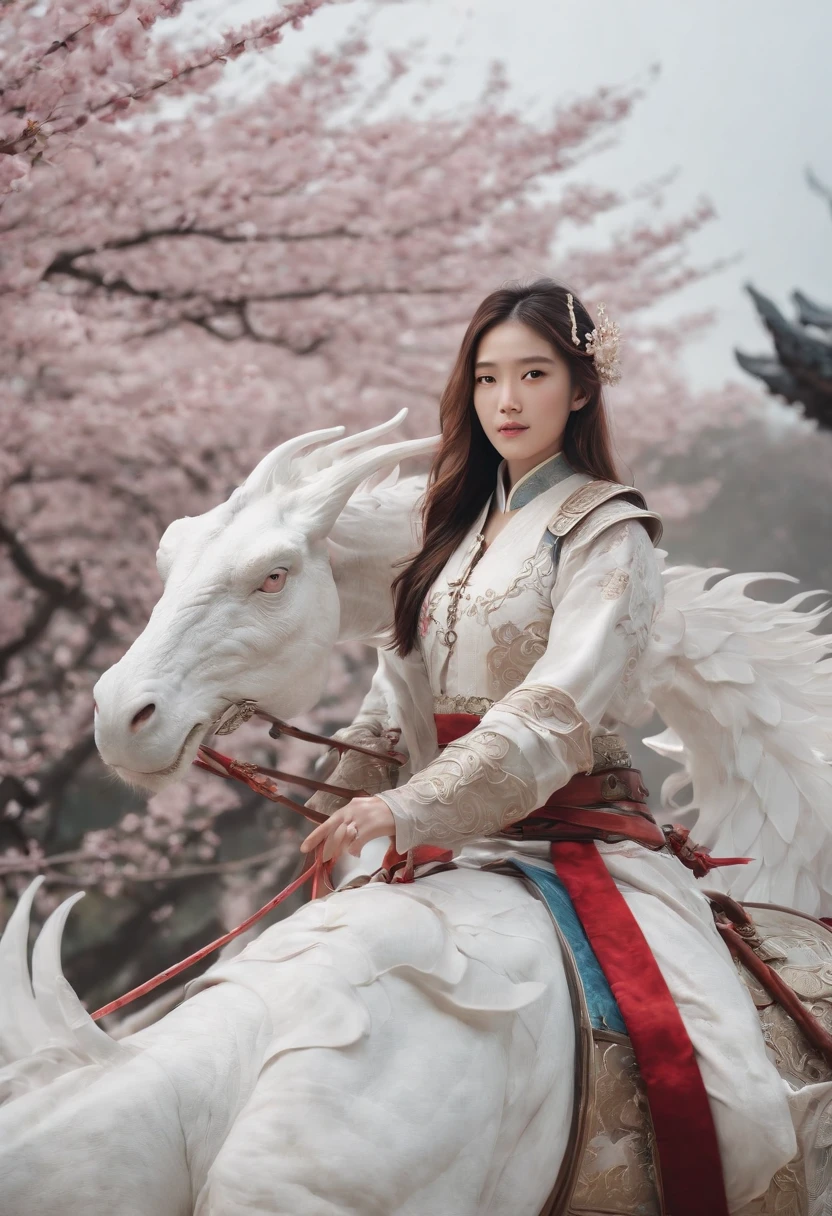 Luna Freya Knox Frey,High-tech dragon knight mech,mechanically aesthetic,Virtual Engine 5,rendering by octane,hyper HD,动态照明,art stations,poster for,Volumetriclighting,Very detailed faces,4k wallpapers,He has a delicate and beautiful face,long hair flowing,horse tailed,Fringed Hair Ornament,Dynamic perspective,White Hanfu,White gauze flying,red waistband,Sexy,Tradition Chinese Ink Painting,Surrounded by clouds,cherry blossom,fog atmosphere,Ride a white dragon,White dragon horn,dynamic viewing angle,电影灯光
