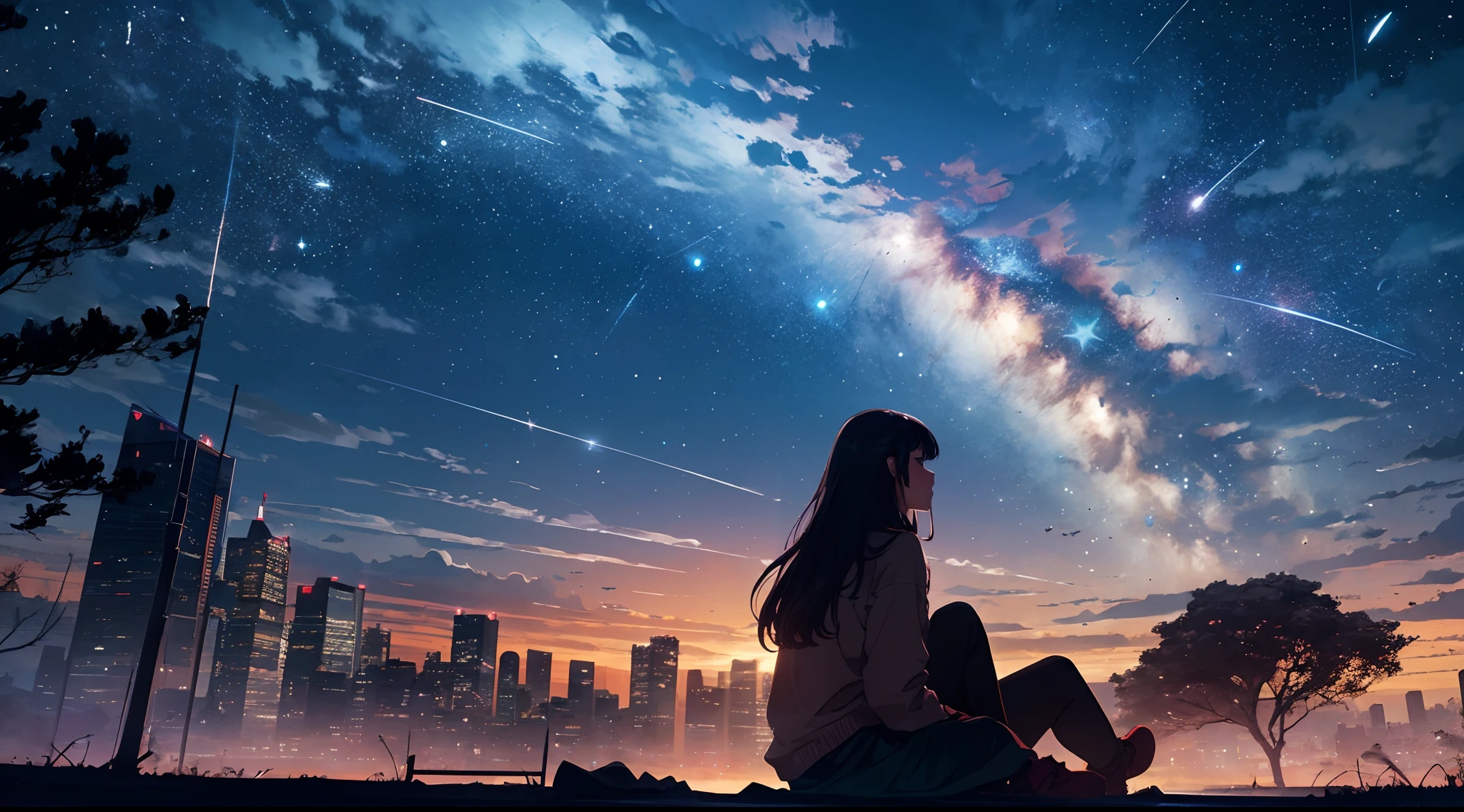 octans, sky, star (sky), scenery, starry sky, night, 1girl, night sky, solo, outdoors, building, cloud, milky way, sitting, tree, long hair, city, silhouette, cityscape