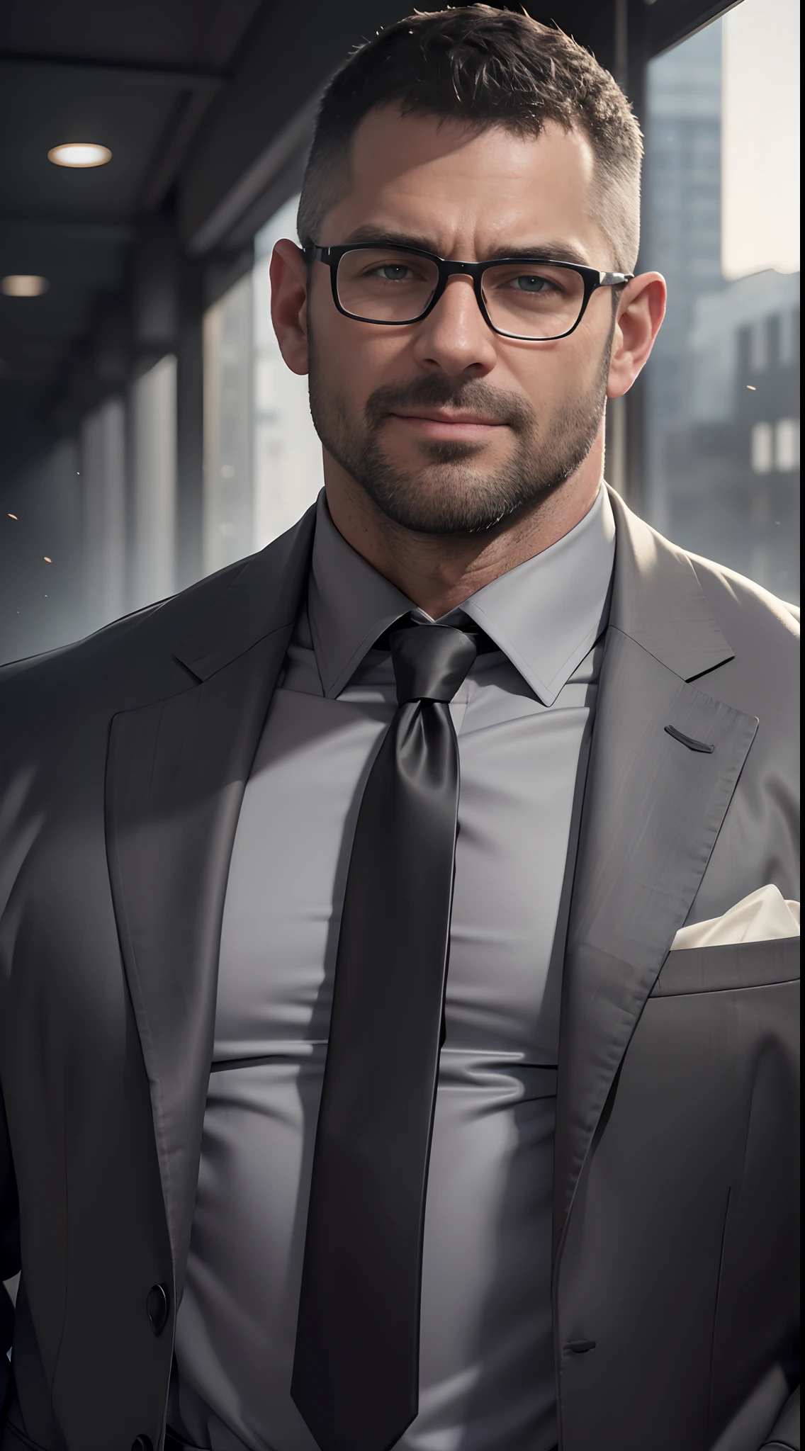 An award-winning original photo，A wild muscular man, (40 years old daddy:1.1), 1boy, Solo, (grey suit), (black trouser), (black dress shirt), (grey necktie), (big shoulders), musculature, stubbles, Short beard, Beautiful eyes:1.3, ), (Detailed face:1.3), wearing glasses, smiles, Dynamic Angle, volumetric lighting, (Best quality, A high resolution, Photorealistic), Cinematic lighting, Masterpiece, RAW photo, Intricate details, hdr, depth of field, upper body shot