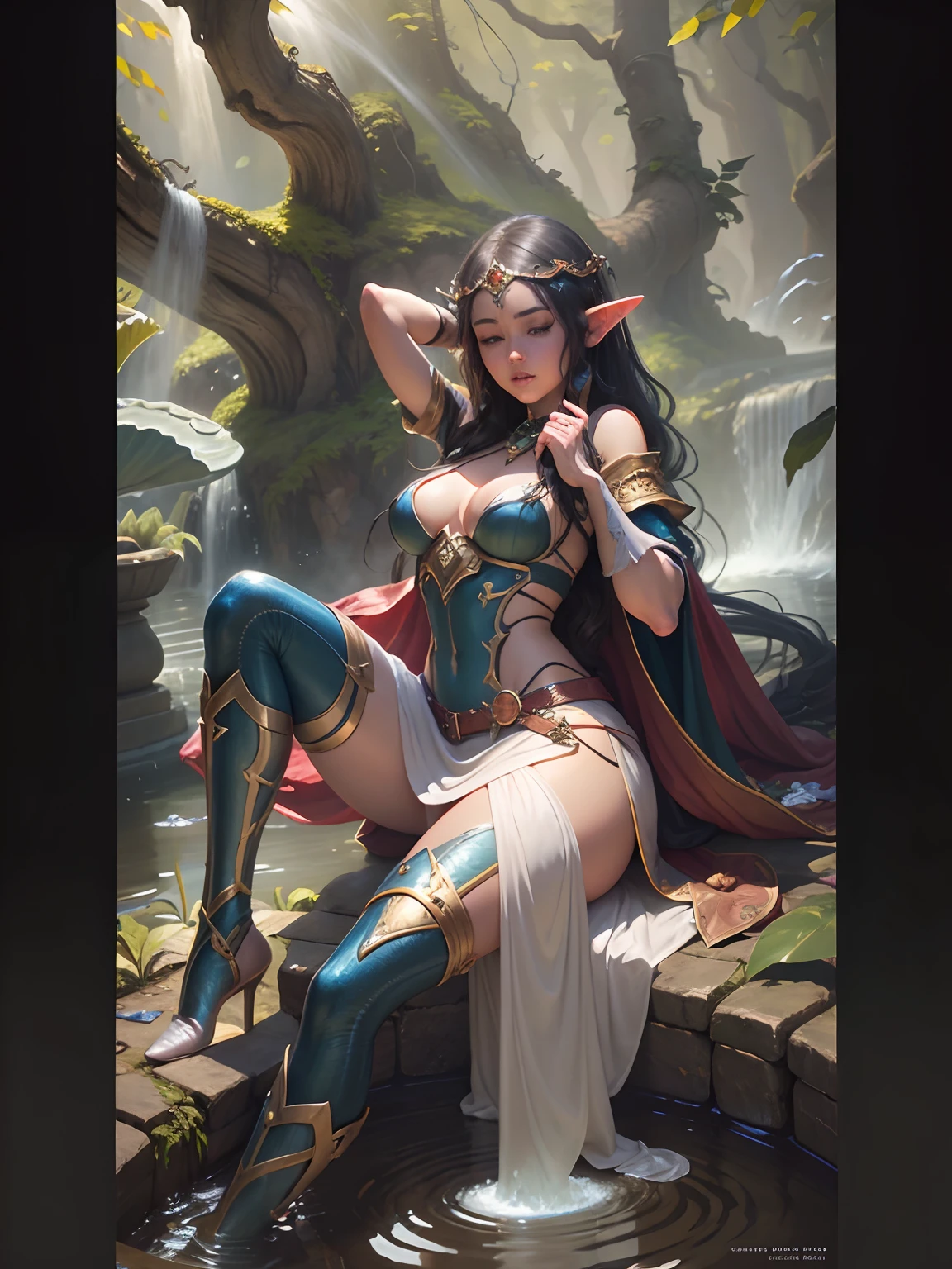 Elf girl guarding the fountain of youth, skimpy silk like gaussian robe and shin guards, mouth closed 24k resolution, professional oil paint artist, highly detailed, hyperdetailed, bordering on photorealism, fantasy art style of Keith Parkinson