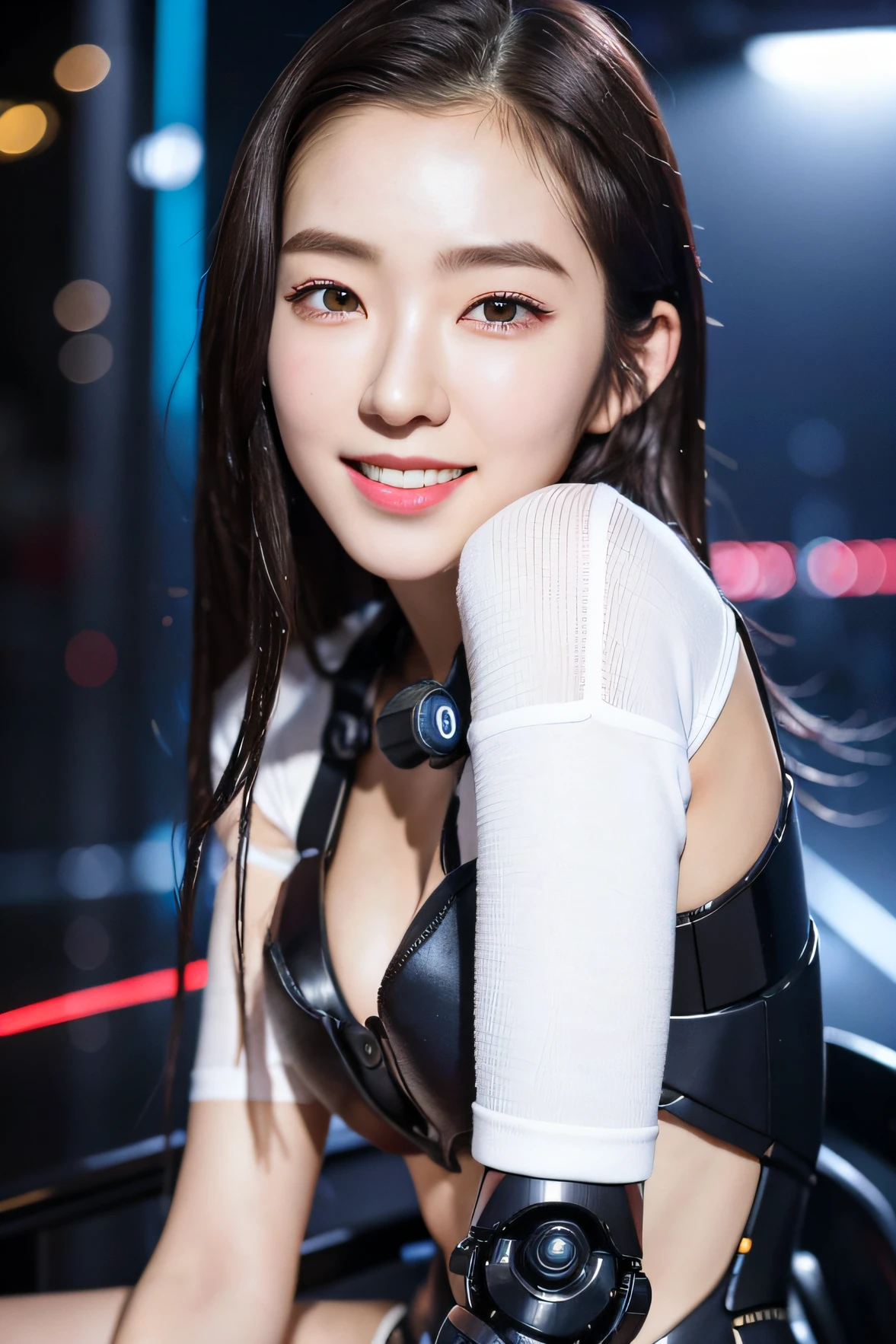 (kpop idol:0.5), 1girl, 18 yo, (sexy:1), fit, hot, (slim body:1.2), pale skin, (smiling:1.3), (dark hair:1.4), (small breasts:1.3), (looking at viewer:1), (half body:1.5), (sitting:1.4), futuristic, cybernetics, cyberpunk, (cyborg:1.2), (robot arms:1.4), (raining:1.2), (button up shirt:1.1), (alley), Shibuya, (day:1.2), (colorful neon lights), (fog:1.1), (PureErosFace_V1:0.5), 8k, (best quality), (ultra-detailed), (best illustration), (realistic, photo-realistic:1.37), (night photography), (medium close up:1.3), lens flare, shade, backlighting, depth of field, natural lighting, hard focus, vibrant details, anatomical, extremely delicate and beautiful, amazing, finely detailed, masterpiece,
