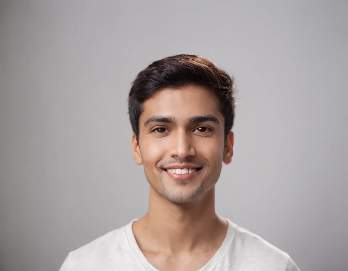 ((Indian Latino)), (Latino man), (photo: 1.3) af (photorealism: 1.3), frontal close-up, soft light, clear face, happy, cheerful, warm light, white t-shirt, (grey and white background), (blank background), (gray wall background) avatar, (short hair), smile, short hair, smile, (close-up)