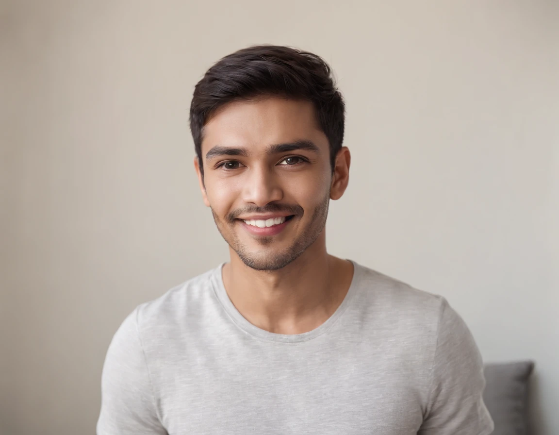 ((Indian Latino)), (Latino man), (photo: 1.3) af (photorealism: 1.3), frontal close-up, soft light, clear face, happy, cheerful, warm light, white t-shirt, (grey and white background), (blank background), (gray wall background) avatar, (short hair), smile, short hair, smile, (close-up)