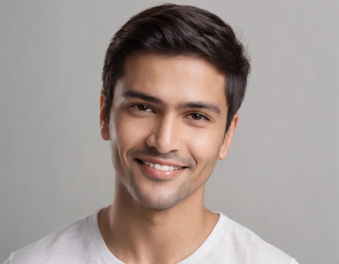 ((Indian Latino)), (Latino man), (photo: 1.3) af (photorealism: 1.3), frontal close-up, soft light, clear face, happy, cheerful, warm light, white t-shirt, (grey and white background), (blank background), (gray wall background) avatar, (short hair), smile, short hair, smile, (close-up)
