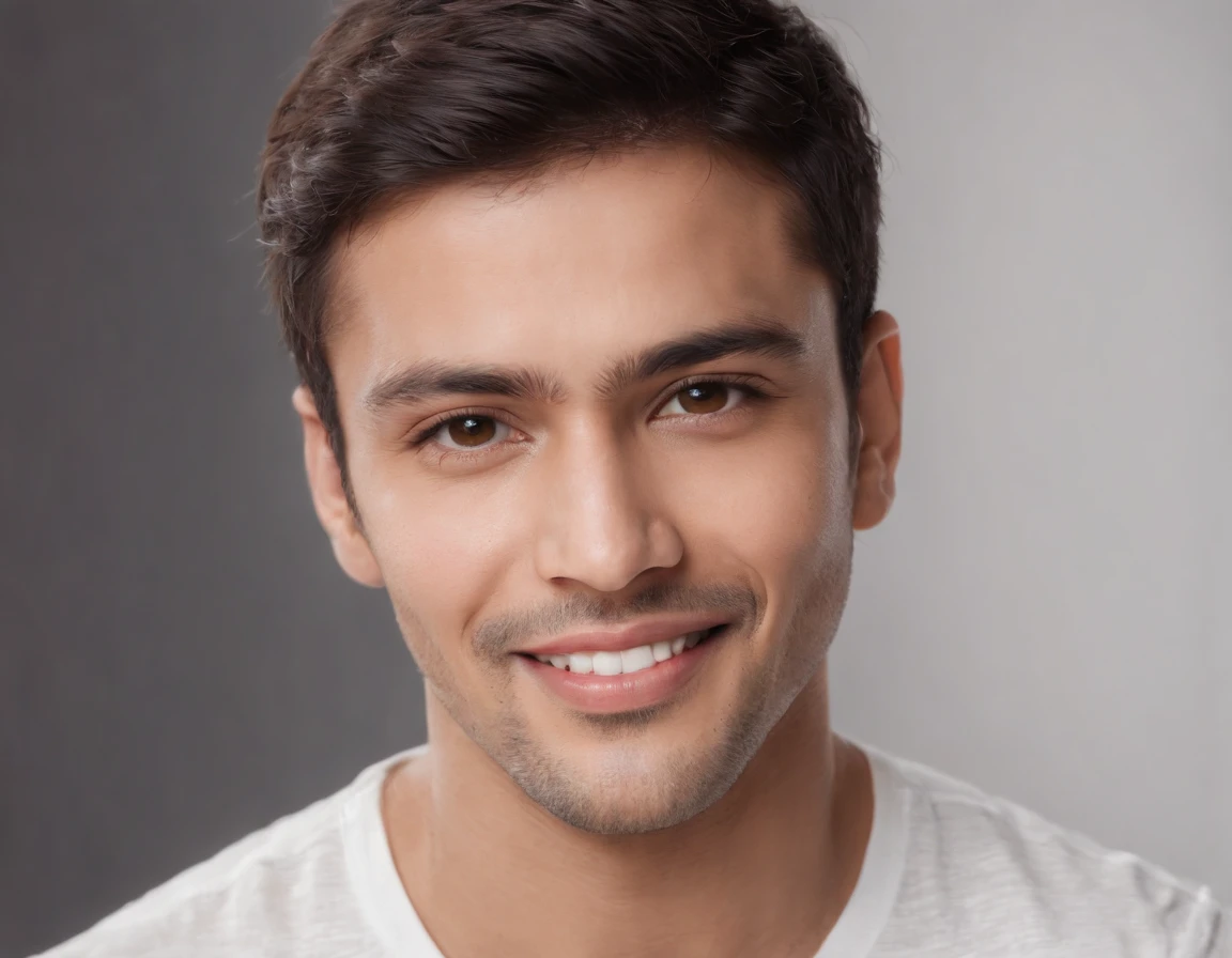 ((Indian Latino)), (Latino man), (photo: 1.3) af (photorealism: 1.3), frontal close-up, soft light, clear face, happy, cheerful, warm light, white t-shirt, (grey and white background), (blank background), (gray wall background) avatar, (short hair), smile, short hair, smile, (close-up)