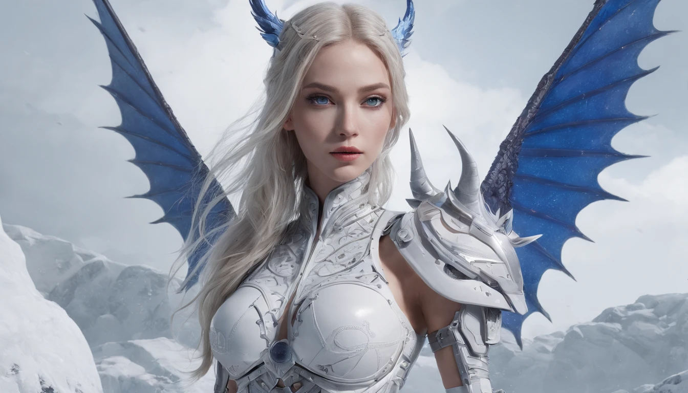 Luna Freya Knox Frey，Highest image quality，Outstanding details，超高分辨率，（Fidelity：1.4）, Favor the details，closeup cleavage，Ride a dragon，High-tech dragon knight mech，He has a delicate and beautiful face，（（Blue-white flying semi-mechanical fuselage：1.8）），Raised sexy，frontage，Cidade futuristica，Snow，themoon，mechanically aesthetic，Virtual Engine 5，Perfect detail rendering，rendering by octane，hyper HD