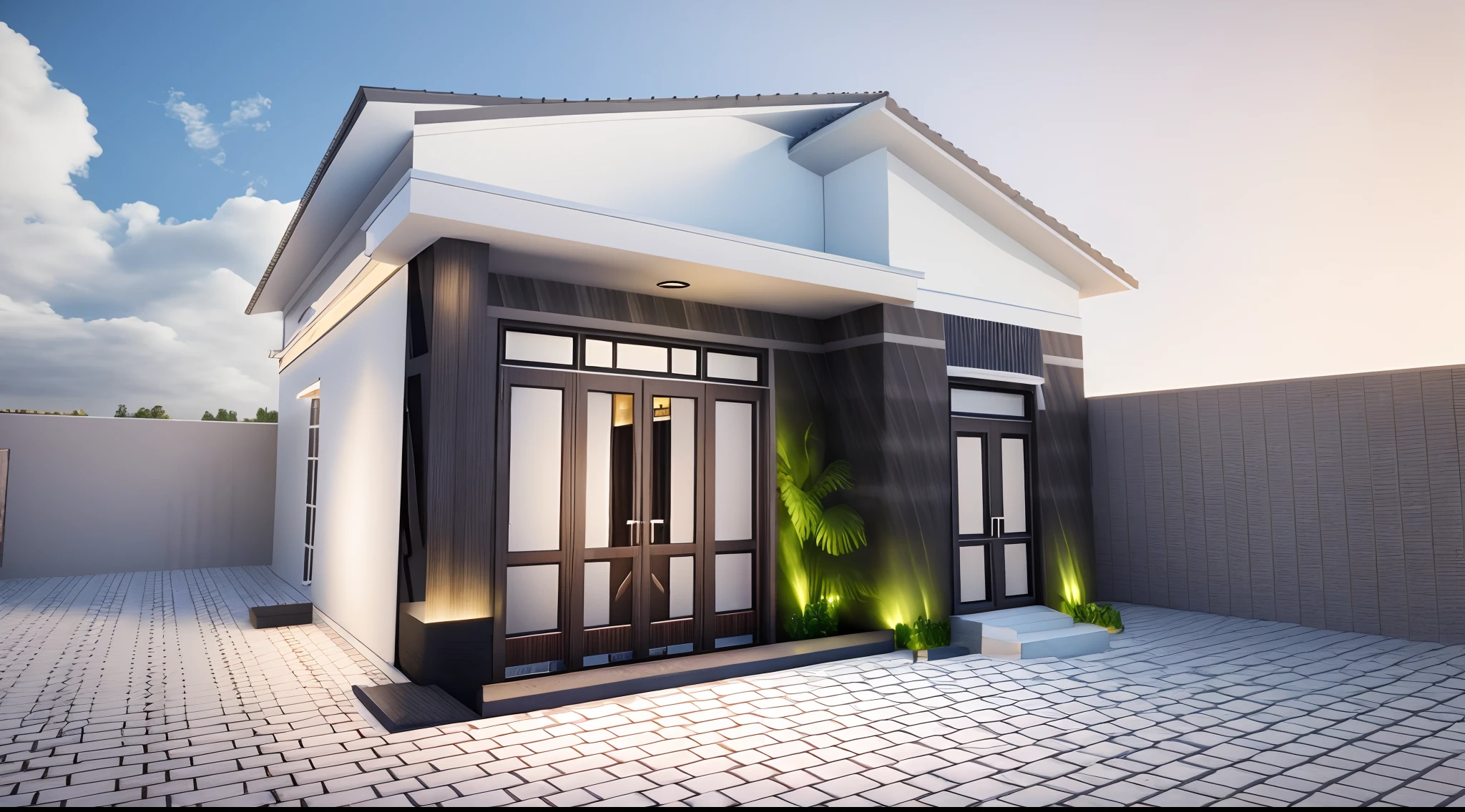 arafed house with a door and windows on a brick patio, with 3 d render, with 3d render, 3 d rendering, 3d rendering, render 3 d, vue 3d render, realistic 3d render, realistic 3 d render, 3d final render, very realistic 3 d render, 3 d render, 3d render, 3 d finalrender