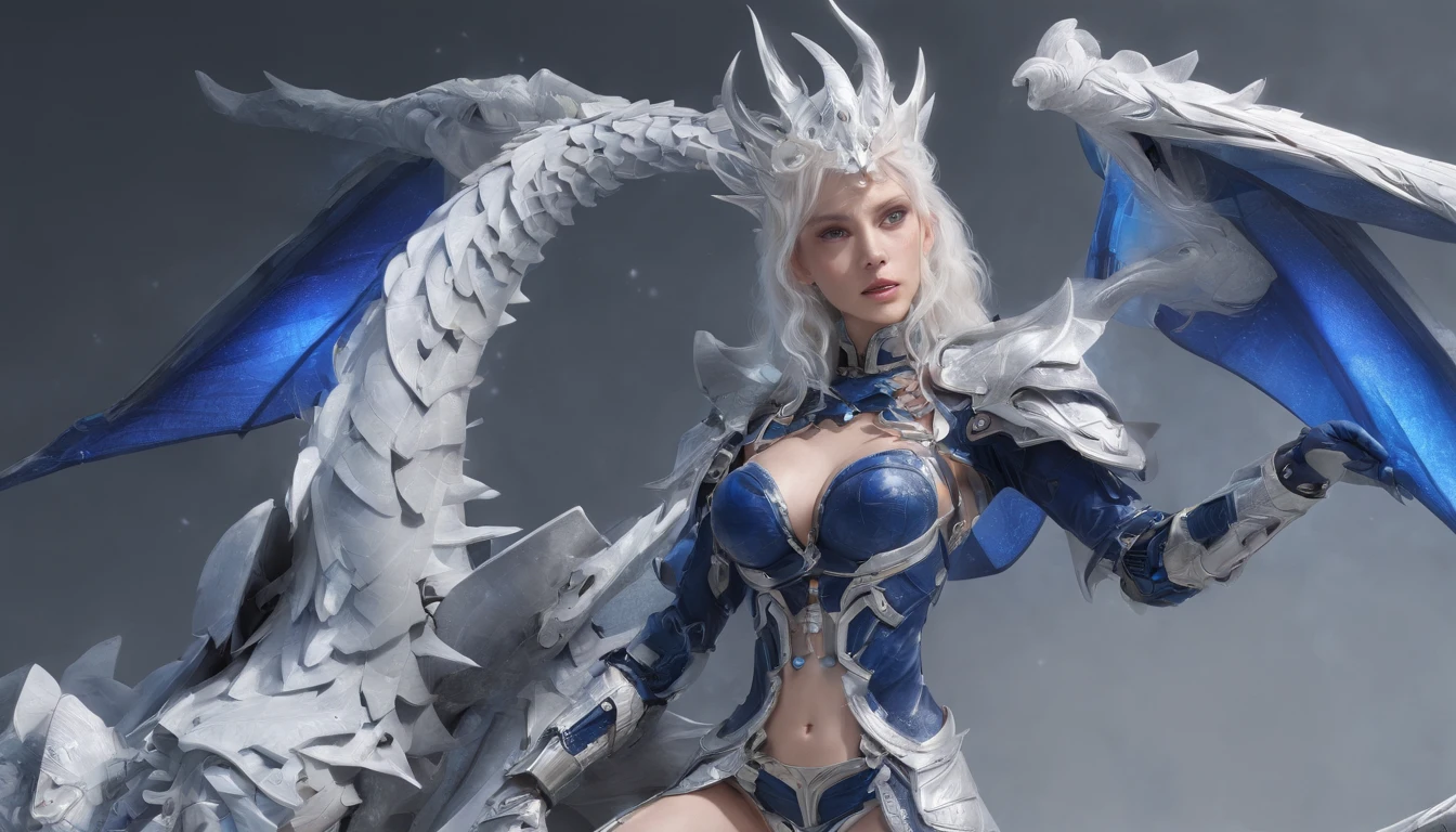 Luna Freya Knox Frey,Highest image quality,Outstanding details,超高分辨率,(Fidelity:1.4), Favor the details,closeup cleavage,Ride a dragon,High-tech dragon knight mech,He has a delicate and beautiful face,((Blue-white flying semi-mechanical fuselage:1.8)),Raised sexy,frontage,Cidade futuristica,Snow,themoon,mechanically aesthetic,Virtual Engine 5,Perfect detail rendering,rendering by octane,hyper HD