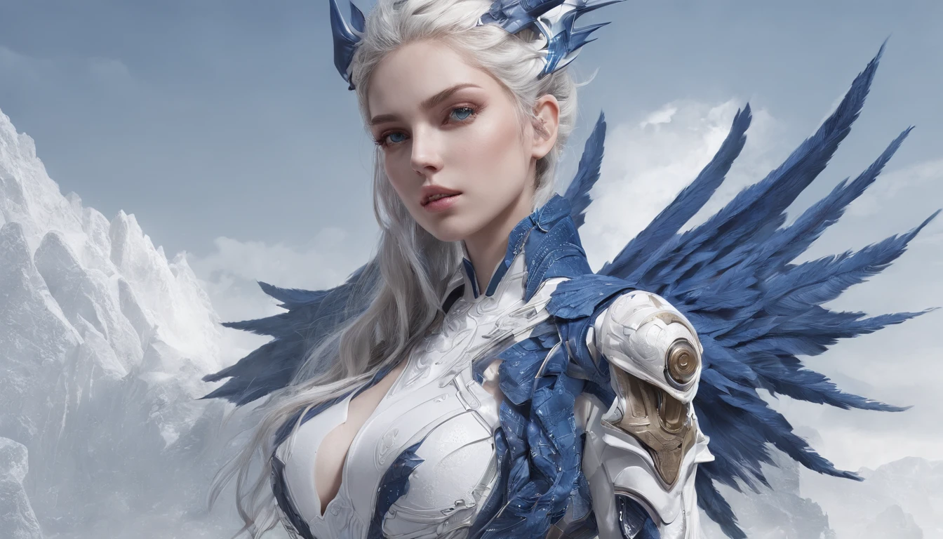 Luna Freya Knox Frey，Highest image quality，Outstanding details，超高分辨率，（Fidelity：1.4）, Favor the details，closeup cleavage，Ride a dragon，High-tech dragon knight mech，He has a delicate and beautiful face，（（Blue-white flying semi-mechanical fuselage：1.8）），Raised sexy，frontage，Cidade futuristica，Snow，themoon，mechanically aesthetic，Virtual Engine 5，Perfect detail rendering，rendering by octane，hyper HD