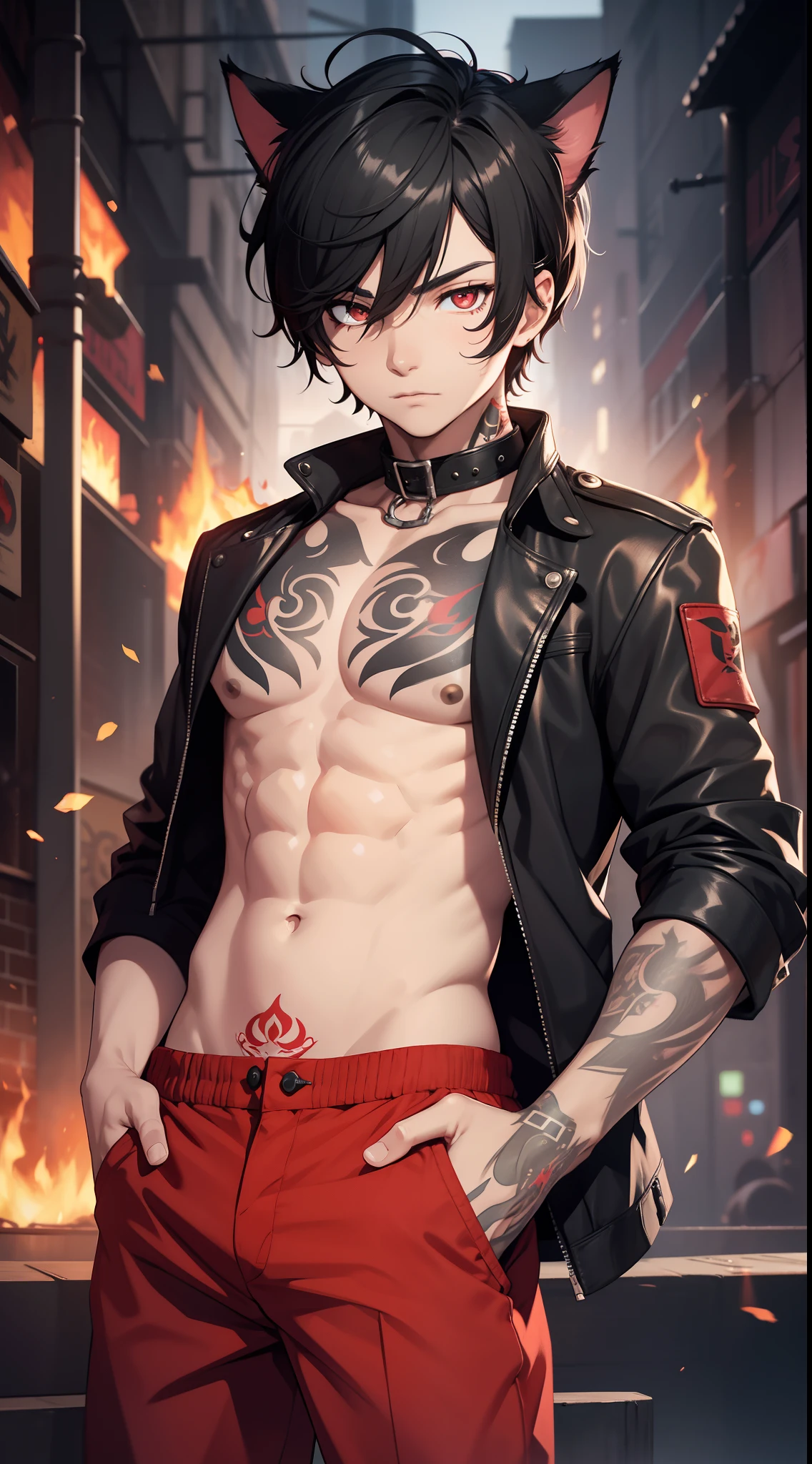 young boy, short black hair, cat ears, red eyes, tattoo, open torso, red pants, fire, Masterpiece, hiquality, 4k, HD, Good detail