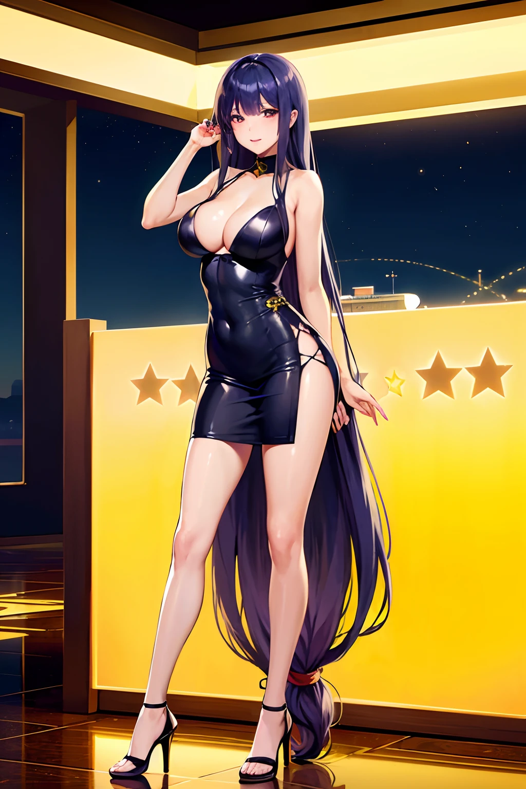 woman posing for a photo(deep_v-neck_dress:1.Wearing 2)、(very_long_hair:1.3)、
good hand、4K、hight resolution、​masterpiece、top-quality、headw:1.3、((Hasselblad photo))、Fine skin、foco nítido、(Cinematographic lighting)、natta、Soft lighting、dynamic ungle、[:(详细的脸:1.2):0.2]、(((Background of the 5 star hotel)))、high-heels sandals