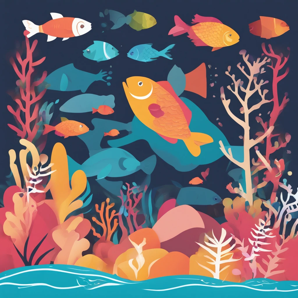 simple, vector, 4k, cheerful, flat background, illustration, under water, sea, kids background, colorful, reef, flat color, fish, seamless