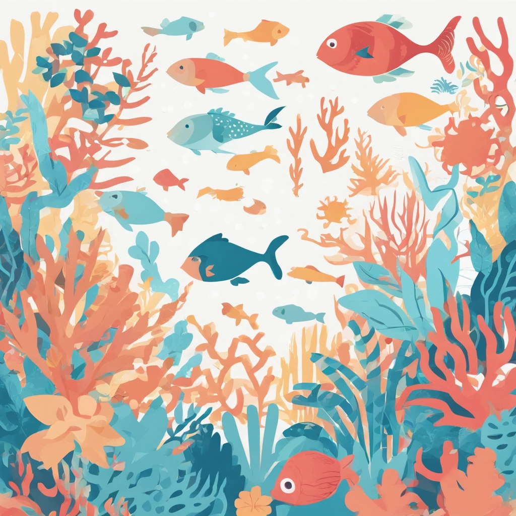 simple, vector, 4k, cheerful, flat background, illustration, under water, sea, kids background, colorful, reef, flat color, fish, seamless