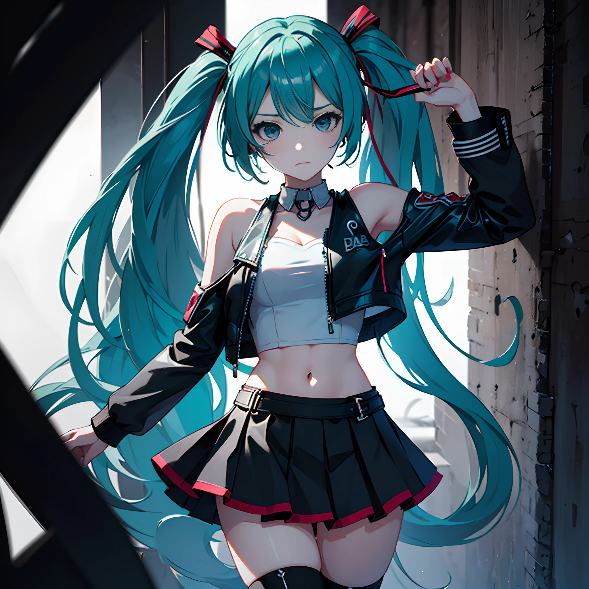 (8k,1girl, solo, azure hair with black fringes), Hatsune_Miku, dark colours, (gothic crop_top, black leather jacket) , mascara, (green and red micro skirt, sporty black kneehighs), shoulder look, unimpressed expression