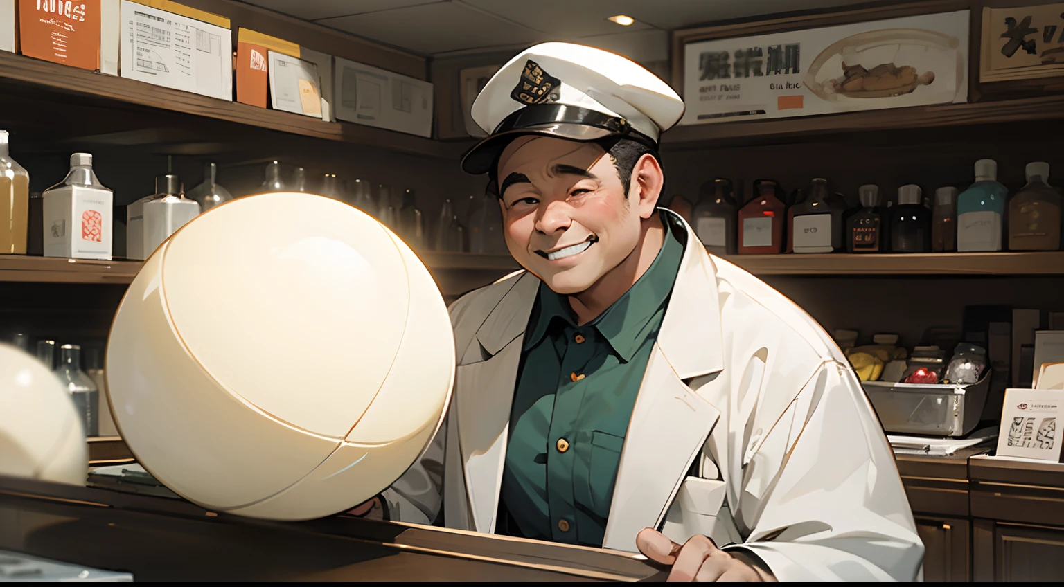 Fat uncle in white coat、Dark hair、grinning face、General store counter、Cluttered interior、Sporting goods、drug、Dark、