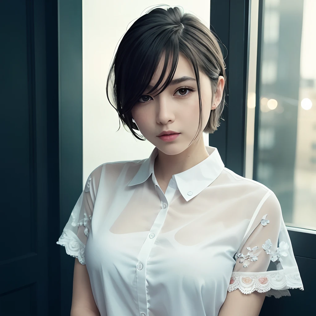 (8k, Best Quality, Masterpiece: 1.2), (Realistic, Photorealistic: 1.37), Super detailed, 1 girl, Cute, Solo, Beautifully detailed sky, Detailed cafe, Night, Sitting, Dating, ( Nose blush), (smile: 1.15), (closed mouth) small breasts, fine and beautiful eyes, (collared shirt: 1.1), night, wet, office clothes, rain, white lace, (short hair: 1.2), floating Hair NovaFrogStyle,