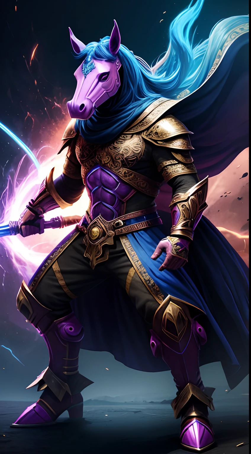 horse mask creature, animated, fantasy colors, fighting pose, full body, magic energy background, masterpiece, ultra high details