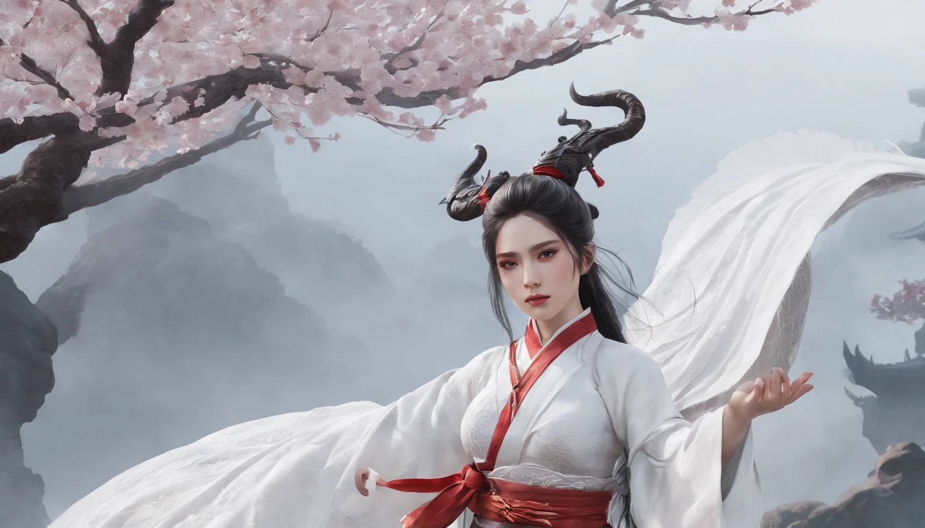 Cirilla Fiona Elen Riannon,动态照明,art stations,poster for,Volumetriclighting,Very detailed faces,4k wallpapers,He has a delicate and beautiful face,long hair flowing,horse tailed,Fringed Hair Ornament,Dynamic perspective,White Hanfu,White gauze flying,red waistband,Sexy,Tradition Chinese Ink Painting,Surrounded by clouds,cherry blossom,fog atmosphere,Ride a white dragon,White dragon horn,dynamic viewing angle,电影灯光