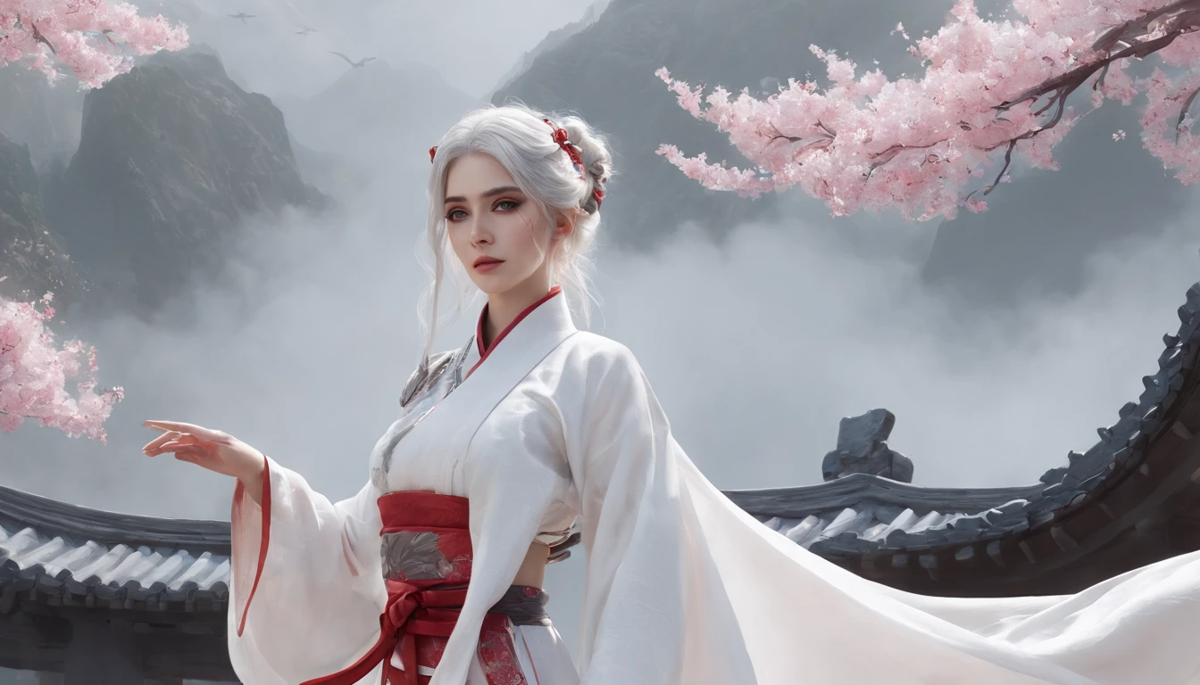Cirilla Fiona Elen Riannon,动态照明,art stations,poster for,Volumetriclighting,Very detailed faces,4k wallpapers,He has a delicate and beautiful face,long hair flowing,horse tailed,Fringed Hair Ornament,Dynamic perspective,White Hanfu,White gauze flying,red waistband,Sexy,Tradition Chinese Ink Painting,Surrounded by clouds,cherry blossom,fog atmosphere,Ride a white dragon,White dragon horn,dynamic viewing angle,电影灯光