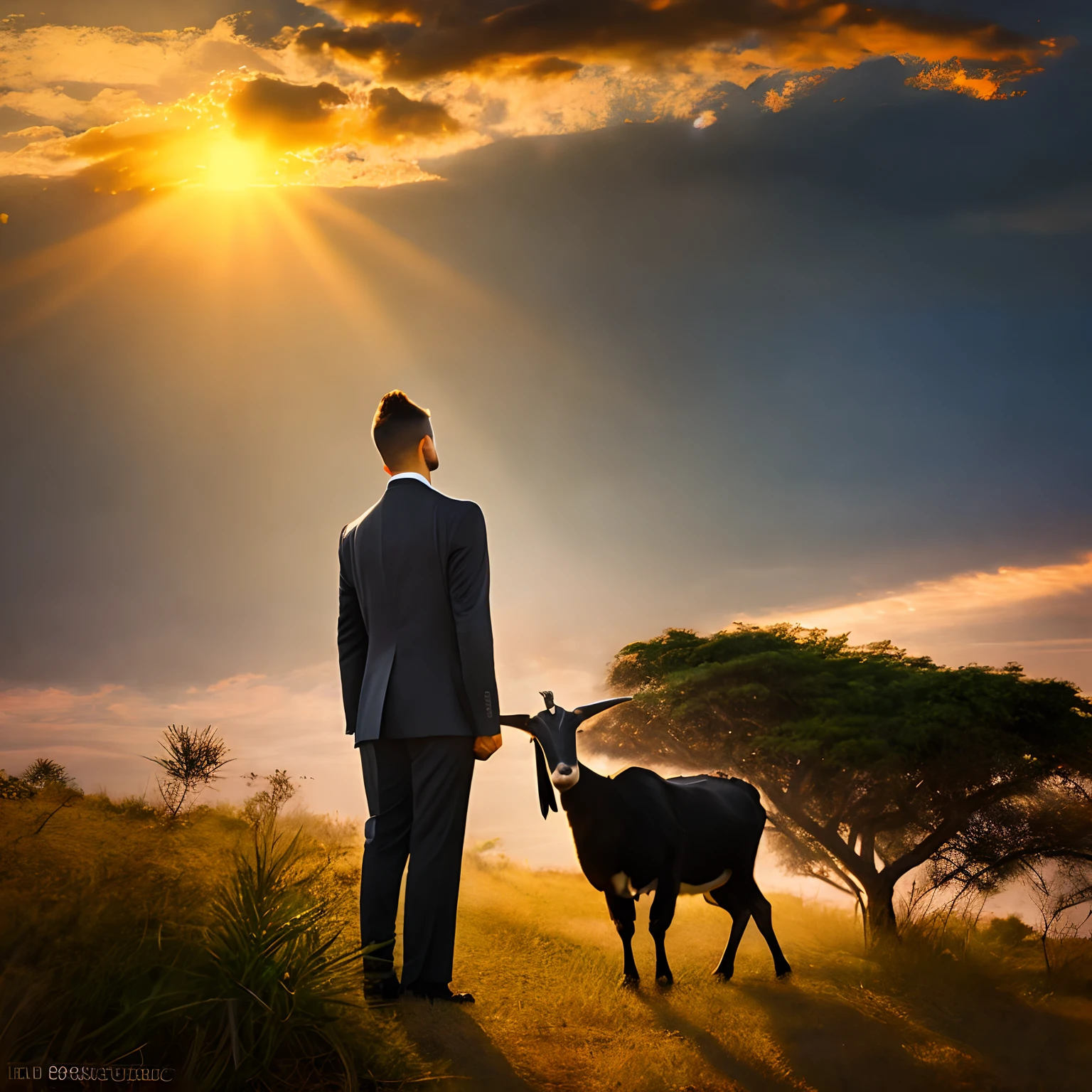 A Goat Standing, His outfit is a black suit and tie, he has the head of a black goat, rosto de bode preto,In the background of the image is a beautiful paradise, com nuvens, and birds flying overhead,  com raio de luz do sol radiante na imagem de alta qualidade, place is a paradise only its bottom, raios de sol e luz,