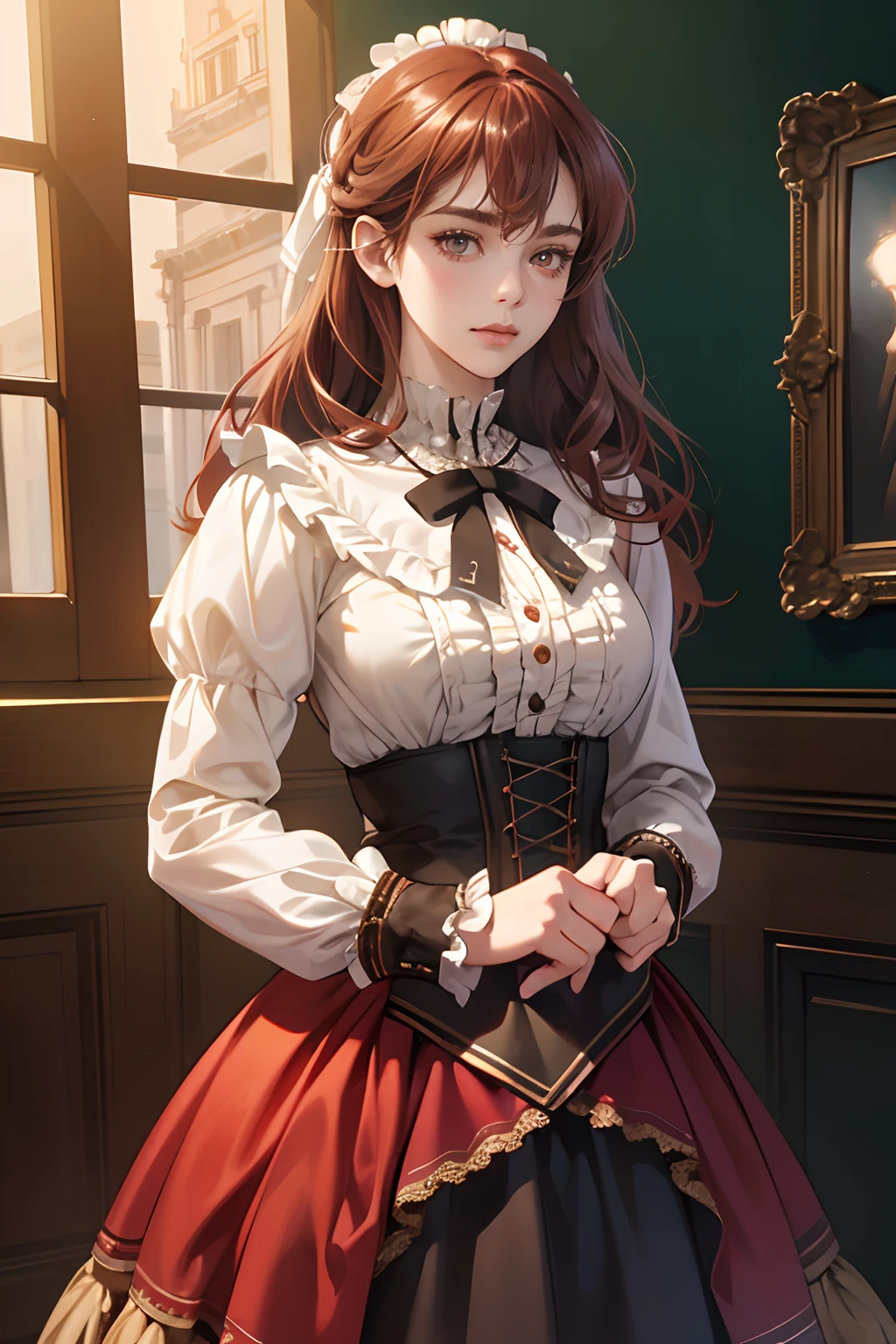 (tmasterpiece, high resolution, ultra - detailed:1.0), (1 girl, Young women), Eyes looking at the camera, Perfect female body, Extremely detailed CG, 8K wallpaper, Complicated details, solo person, (Brown-red hair, Victorian skirt),victorian age,color difference, Depth of field, dramatic shadow, Ray tracing, Best quality, Cinematic lighting, offcial art, Portrait