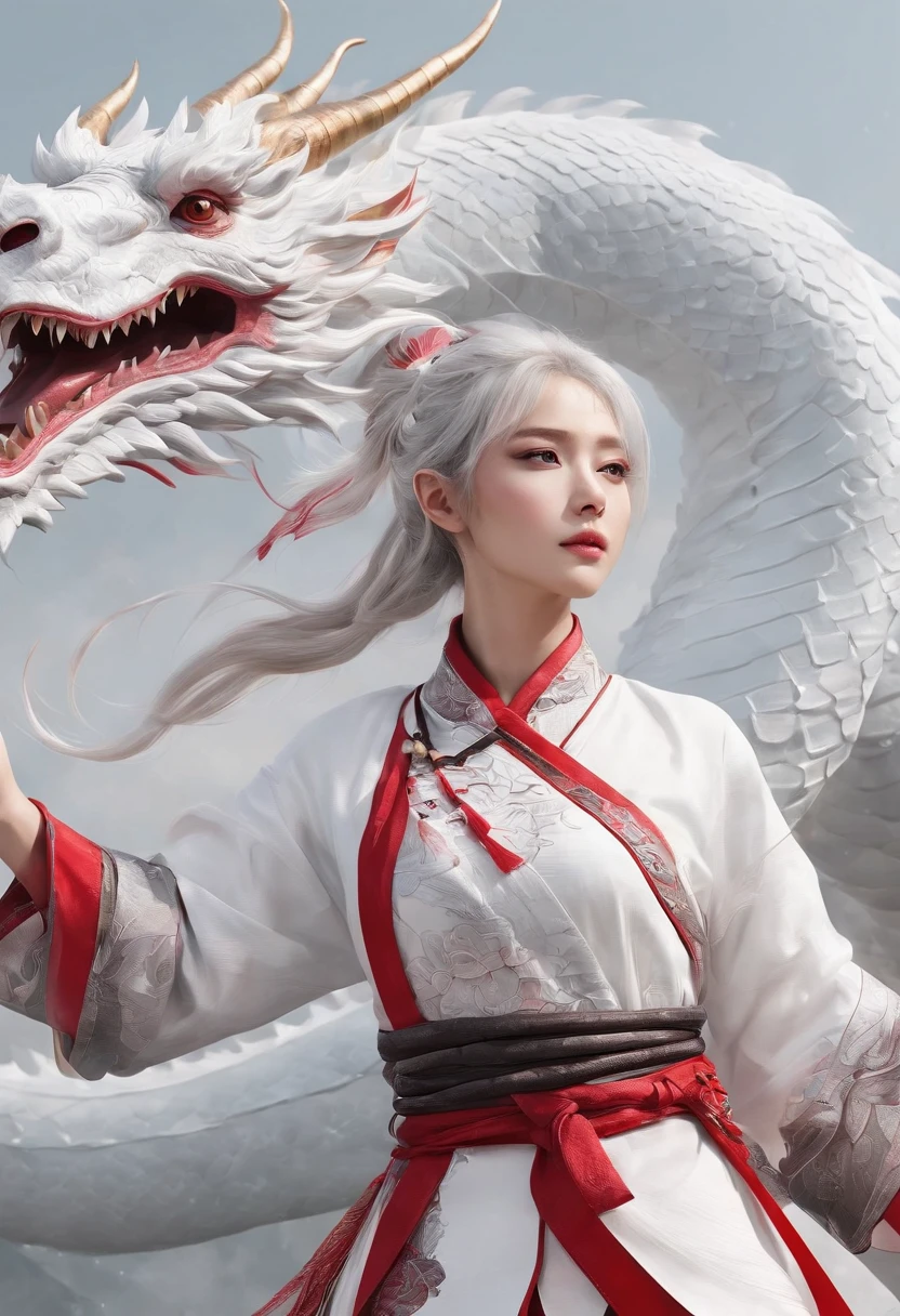 Cirilla Fiona Elen Riannon,High-tech dragon knight mech,mechanically aesthetic,Virtual Engine 5,rendering by octane,hyper HD,动态照明,art stations,poster for,Volumetriclighting,Very detailed faces,4k wallpapers,He has a delicate and beautiful face,long hair flowing,horse tailed,Fringed Hair Ornament,Dynamic perspective,White Hanfu,White gauze flying,red waistband,Sexy,Tradition Chinese Ink Painting,Surrounded by clouds,cherry blossom,fog atmosphere,Ride a white dragon,White dragon horn,dynamic viewing angle,电影灯光