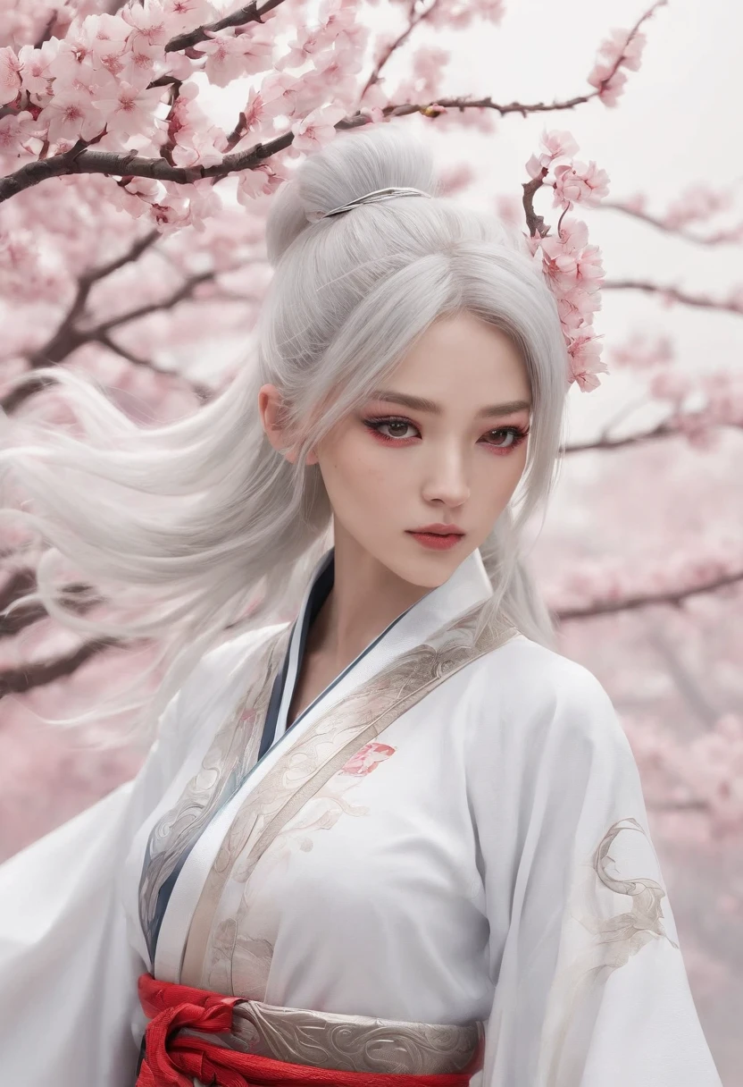 Cirilla Fiona Elen Riannon,High-tech dragon knight mech,mechanically aesthetic,Virtual Engine 5,rendering by octane,hyper HD,动态照明,art stations,poster for,Volumetriclighting,Very detailed faces,4k wallpapers,He has a delicate and beautiful face,long hair flowing,horse tailed,Fringed Hair Ornament,Dynamic perspective,White Hanfu,White gauze flying,red waistband,Sexy,Tradition Chinese Ink Painting,Surrounded by clouds,cherry blossom,fog atmosphere,Ride a white dragon,White dragon horn,dynamic viewing angle,电影灯光