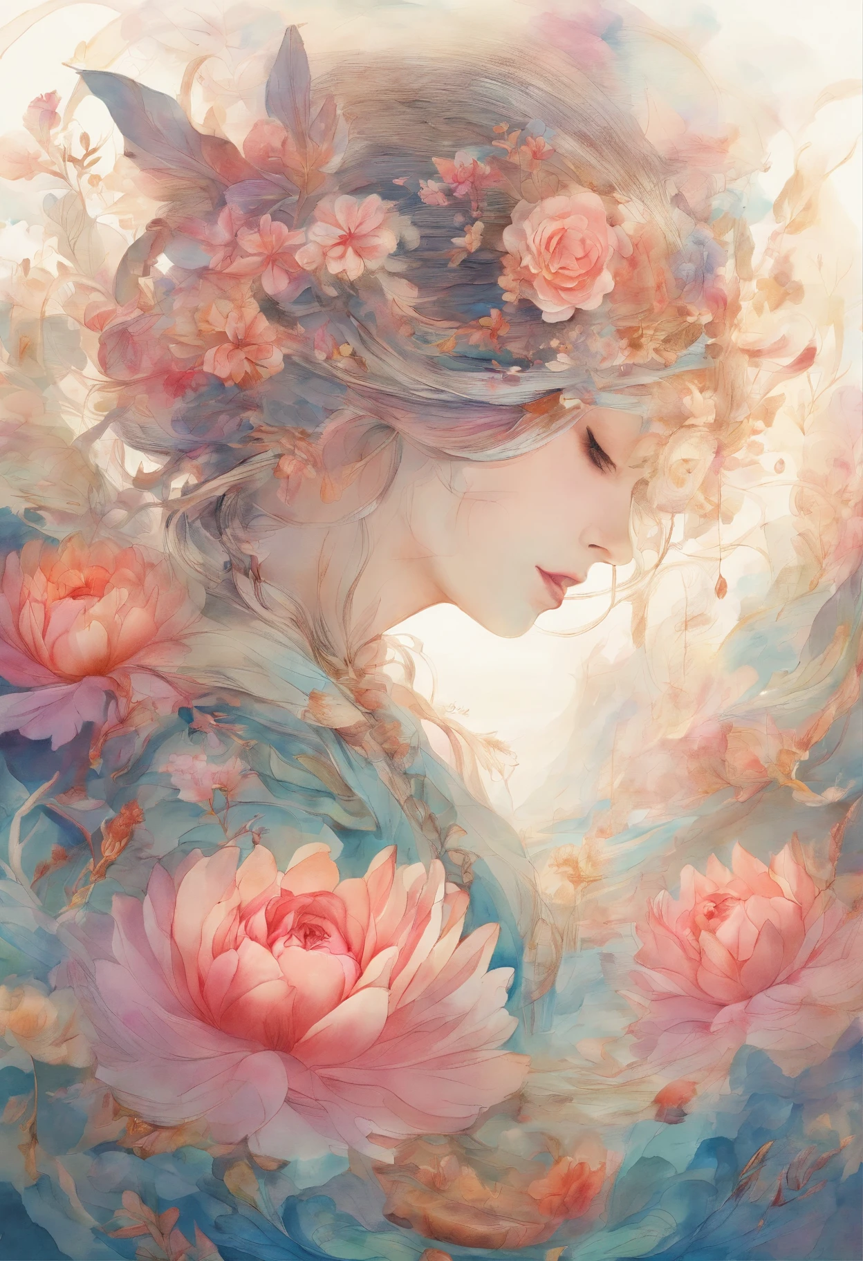 Field with beautiful flowers (close-up cleavage), meditate, Zazen, A meditative (Chinese landscape painting), (ink and watercolor painting), (8k wallpaper), (Light and Shadow Effect), rendering by octane, White balance design, Extremely detailed image representation, Wide angles, depth of fields, masterpiece, realistic, beautifully portrayed, a detailed, accurate, Masterpieces, masterpiece”