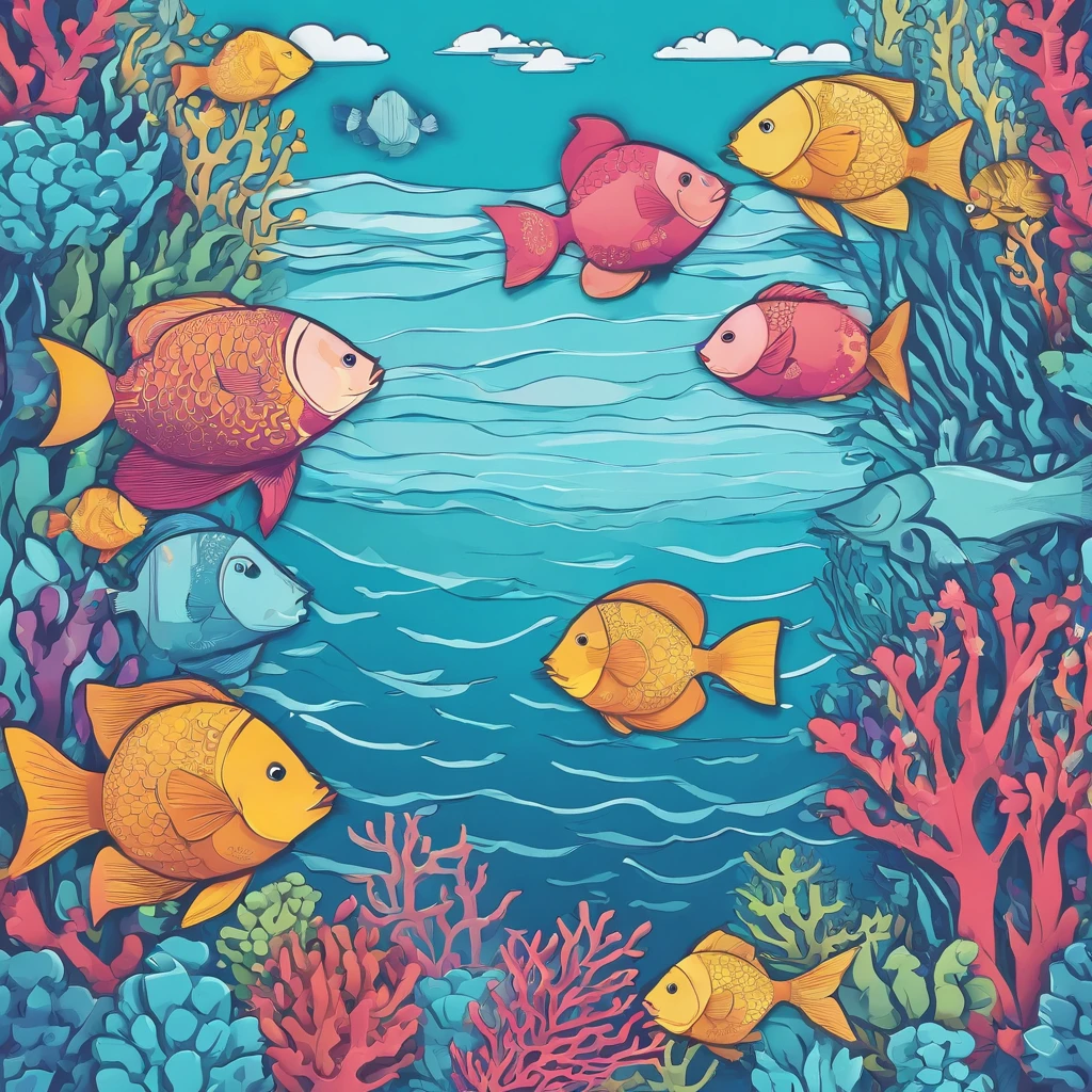simple, vector, 4k, cheerful, flat background, illustration, under water, sea, kids background, colorful, reef, flat color, fish, seamless