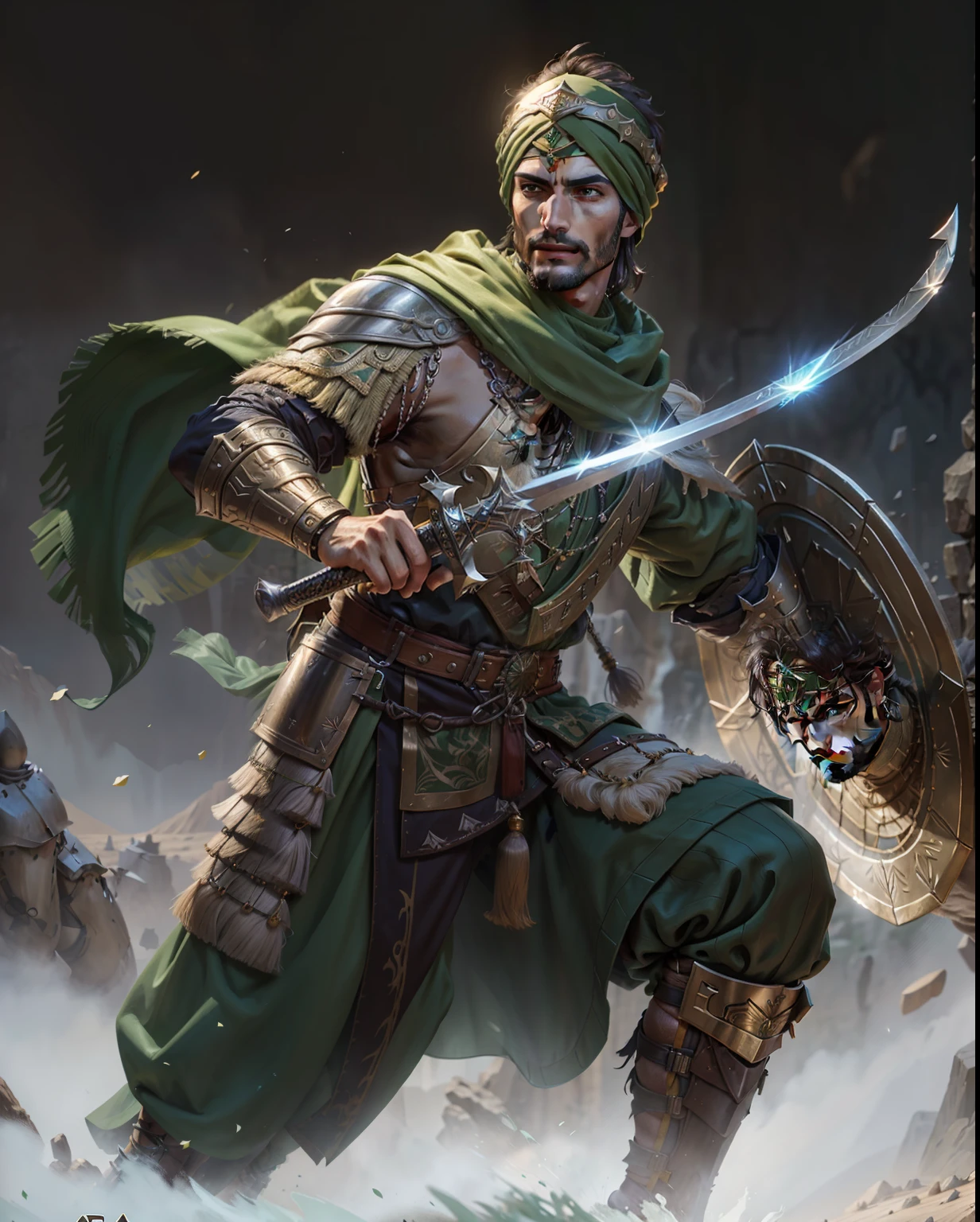 a close up of a man in a green outfit holding a sword, persian warrior, portrait of bedouin d&d, picture of an adult male warrior, arabian samurai, rpg character art, concept art of a warrior, afghan warrior, kurdish samurai, epic fantasy character art, male warrior, epic exquisite character art, mogul khan, fantasy character art, black cloak