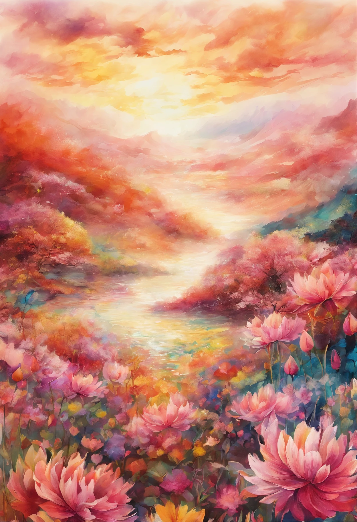 Field with beautiful flowers (close-up cleavage), meditate, Zazen, A meditative (Chinese landscape painting), (ink and watercolor painting), (8k wallpaper), (Light and Shadow Effect), rendering by octane, White balance design, Extremely detailed image representation, Wide angles, depth of fields, masterpiece, realistic, beautifully portrayed, a detailed, accurate, Masterpieces, masterpiece”