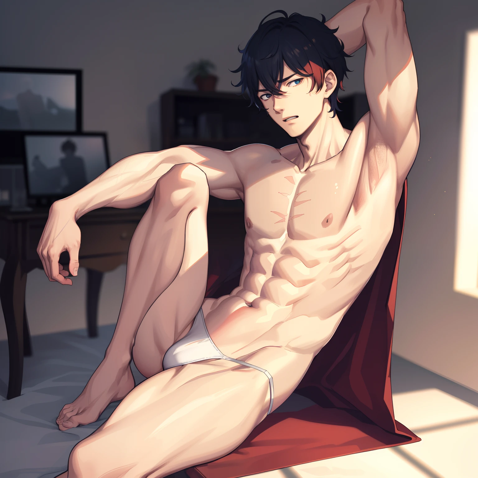 1 boy ,Libido boy,20yr old,Handsome,Raised sexy,k hd, tmasterpiece,8K,White thong,Nudity all over,Bare topless,massive bulge,A sexy pose,Trembling,full-body view