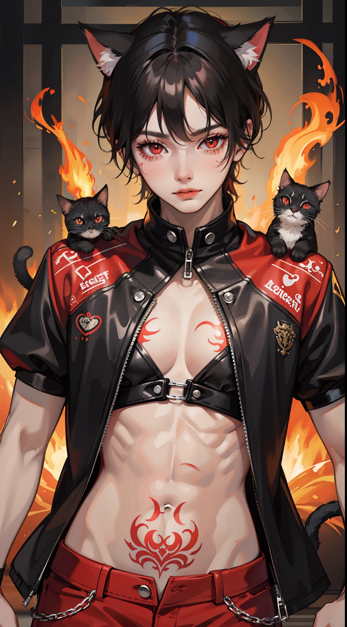 young boy, short black hair, cat ears, red eyes, tattoo, open torso, red pants, fire, Masterpiece, hiquality, 4k, HD, Good detail