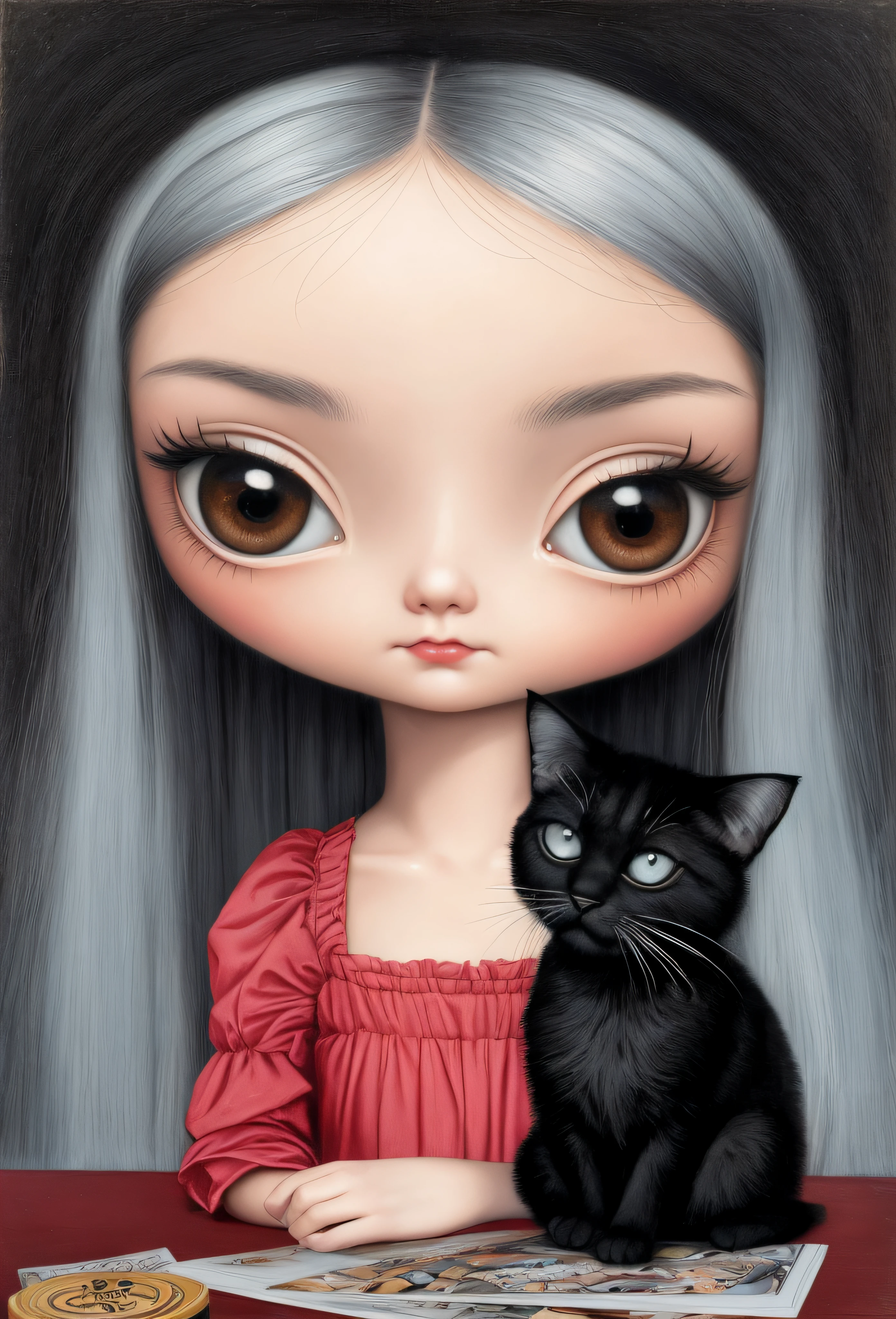 A painting of a girl and a cat sitting at a table, Margaret Keane Estilo, inspirado por Margaret Keane, por Margaret Keane, con ojos grandes, inspirado por Mark Ryden, Estilo Mark Ryden, por Yi Inmun, por Ksenia Milicevic, benjamin lacombe, Arte de Jana Brike, Mark Ryden's Estilo, por Irene Bache