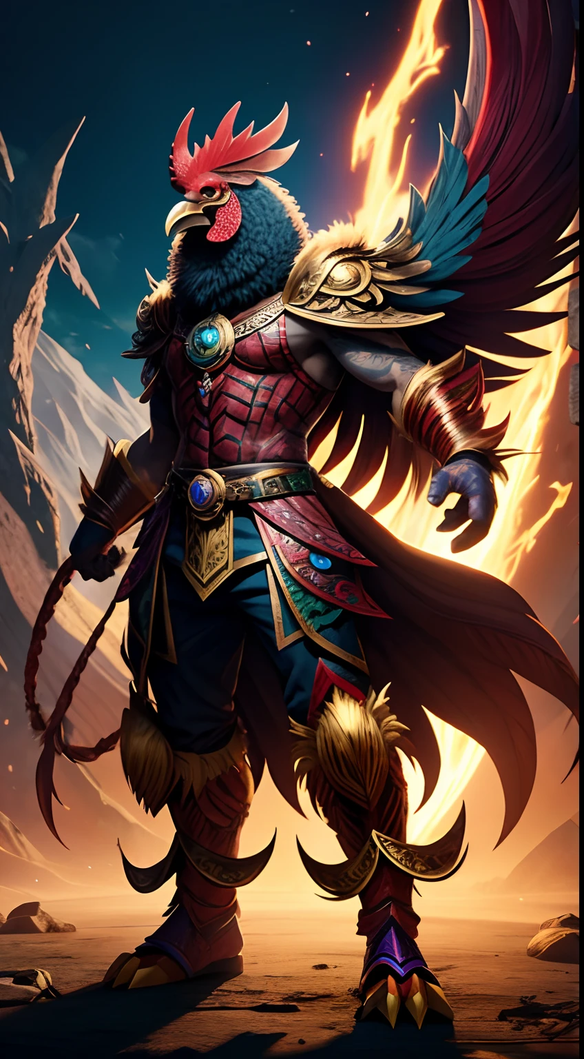 rooster mask creature, animated, fantasy colors, fighting pose, full body, magic energy background, masterpiece, ultra high details