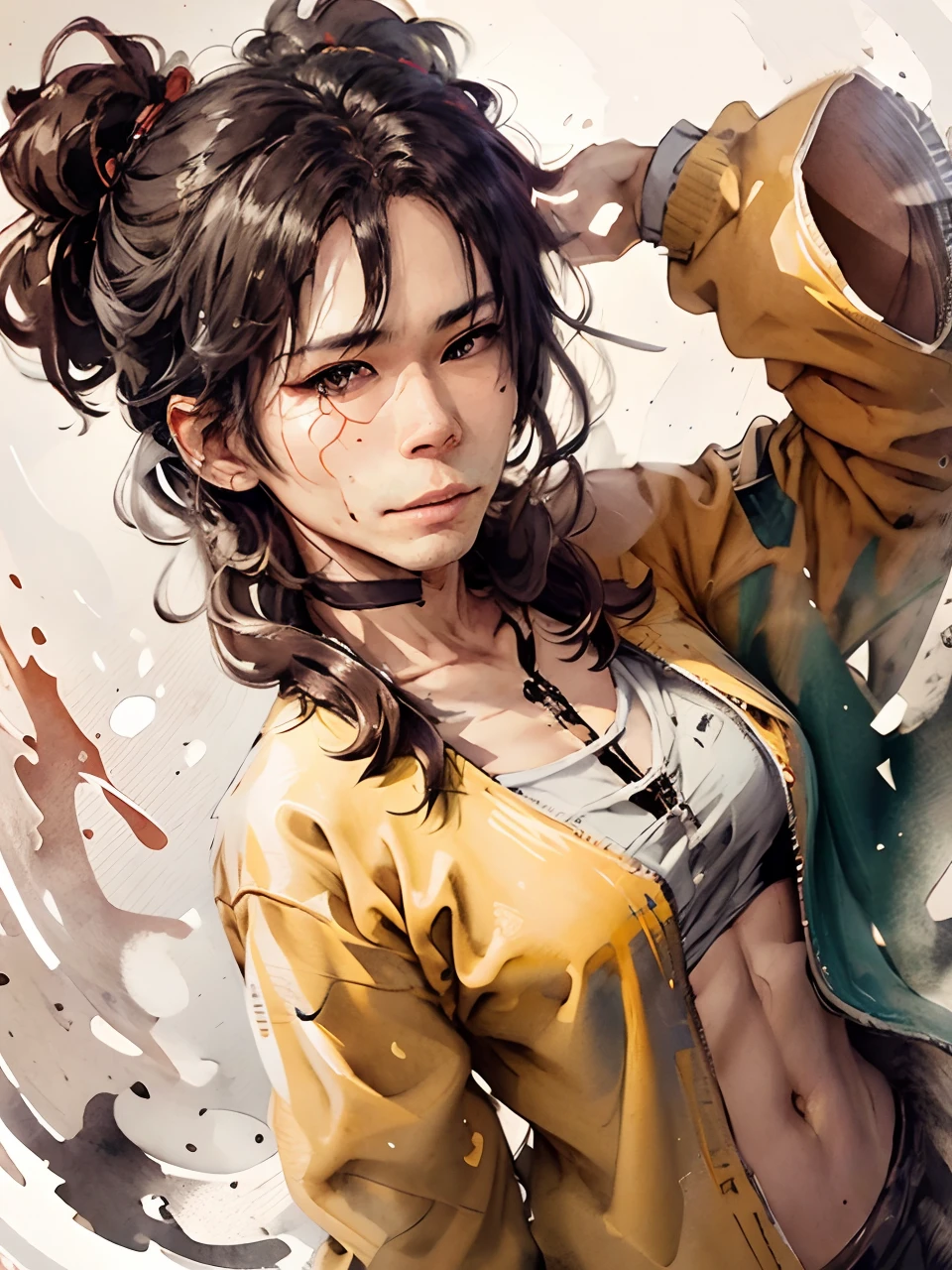 (masutepiece),Best Quality,Illustration,Art Nouveau,Sumi-e,Portrait,Only_1girl in_Face,(White background:1.4),(the Extremely Detailed CG Unity 8K Wallpapers:1.1),(Colorful:0.8),,(Solo:1.2), (Ink splashing),(splashes of colour),((watercolor paiting)),flowers background,Outdoors,boulders,Soft smile,pure,(Beautiful),Detailed and complex patterns,colorwater,(Face Focus),Looking at Viewer